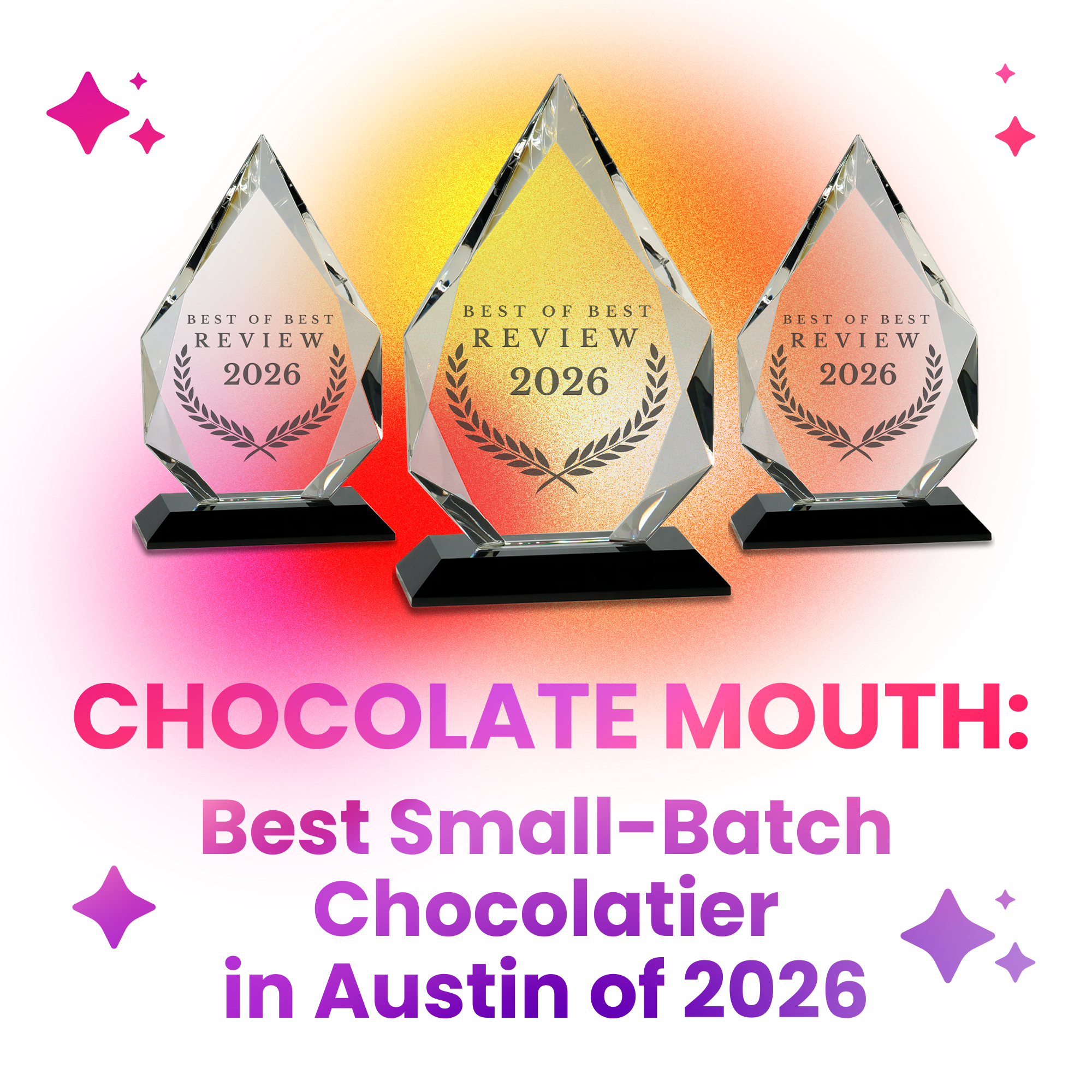 Three glass awards with black bases, each engraved with 'Best of Best Review 2026' and a laurel wreath, set against a colorful, gradient background with pink, orange, and purple tones.