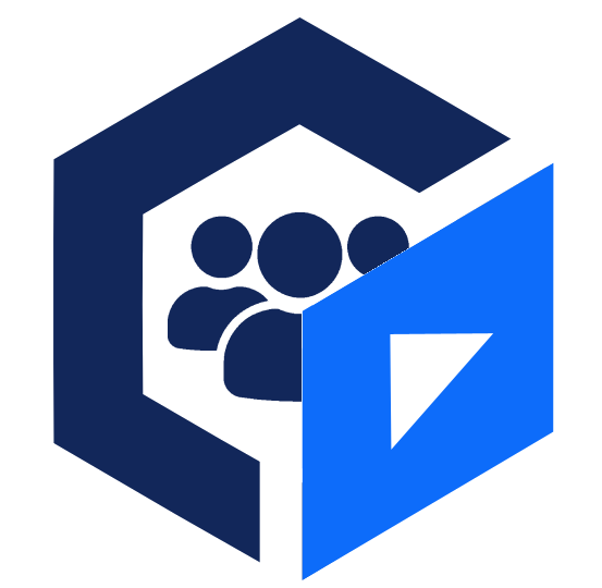 Icon with three people inside a hexagon with a blue play button overlay