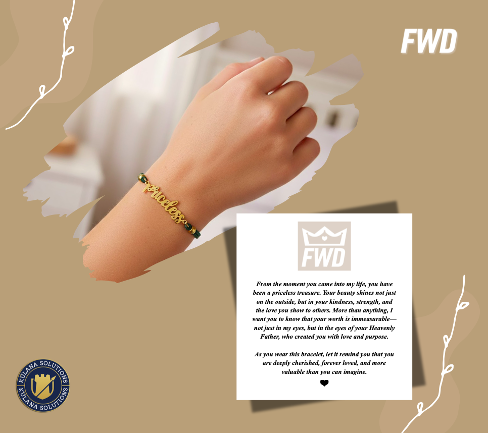 A gold bracelet with the word "Blessed" in cursive hangs on a letter or card with a religious or heartfelt message. The message is printed on white paper with black text and includes a soft background with a faint cross symbol.