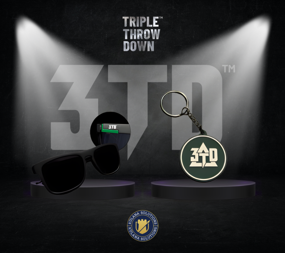 A pair of black sunglasses and a black keychain with the 3rd Dimension (3TD) logo hang against a grey background.