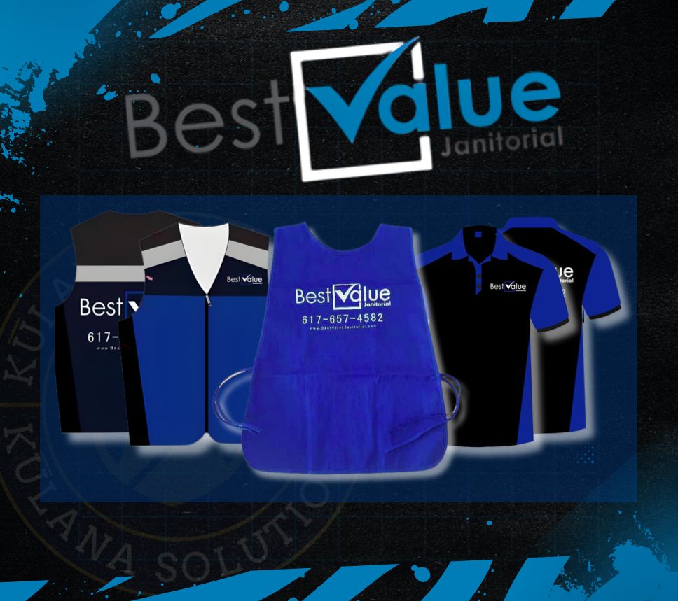 A collection of branded items for Best Value Janitorial, including shirts, a polo shirt with logo, and a hoodie with the company's name and contact information.