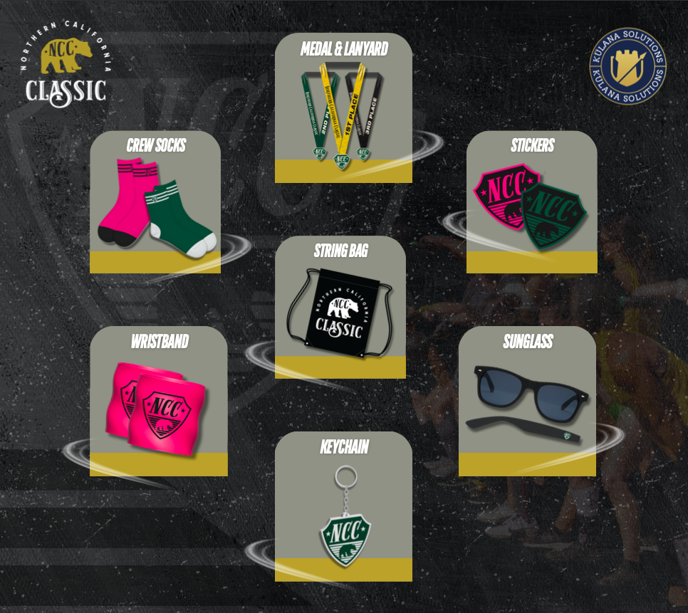 NCC Classic merchandise including pink and green socks with NCC logo, sunglasses, medals, and a keychain, all themed around the North California Classic event.