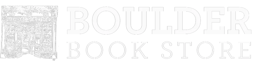 Sketch of a bookstore entrance next to bold text reading BOULDER BOOK STORE on a transparent background.