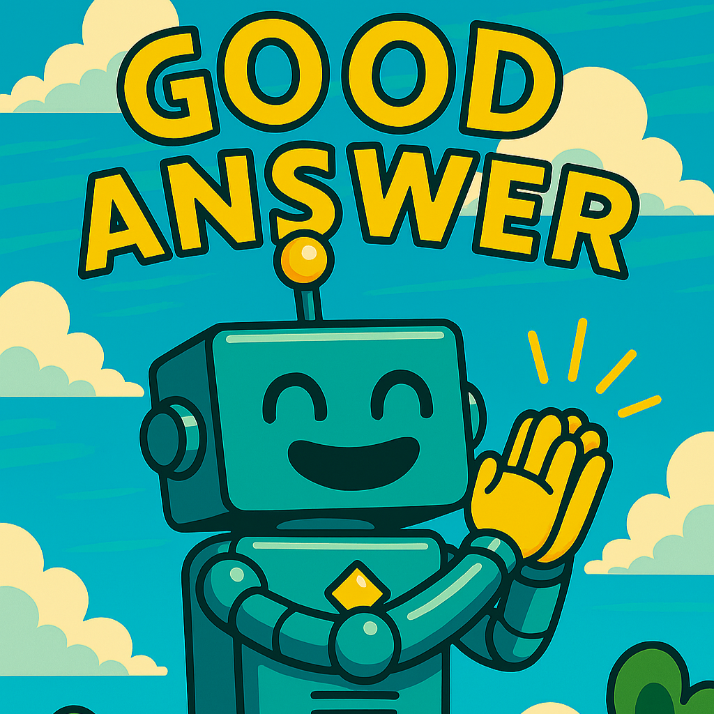 Een vrolijke cartoon robot die een handje hoog houdt met de tekst 'Good Answer' erboven, met een achtergrond van blauwe lucht en wolken.