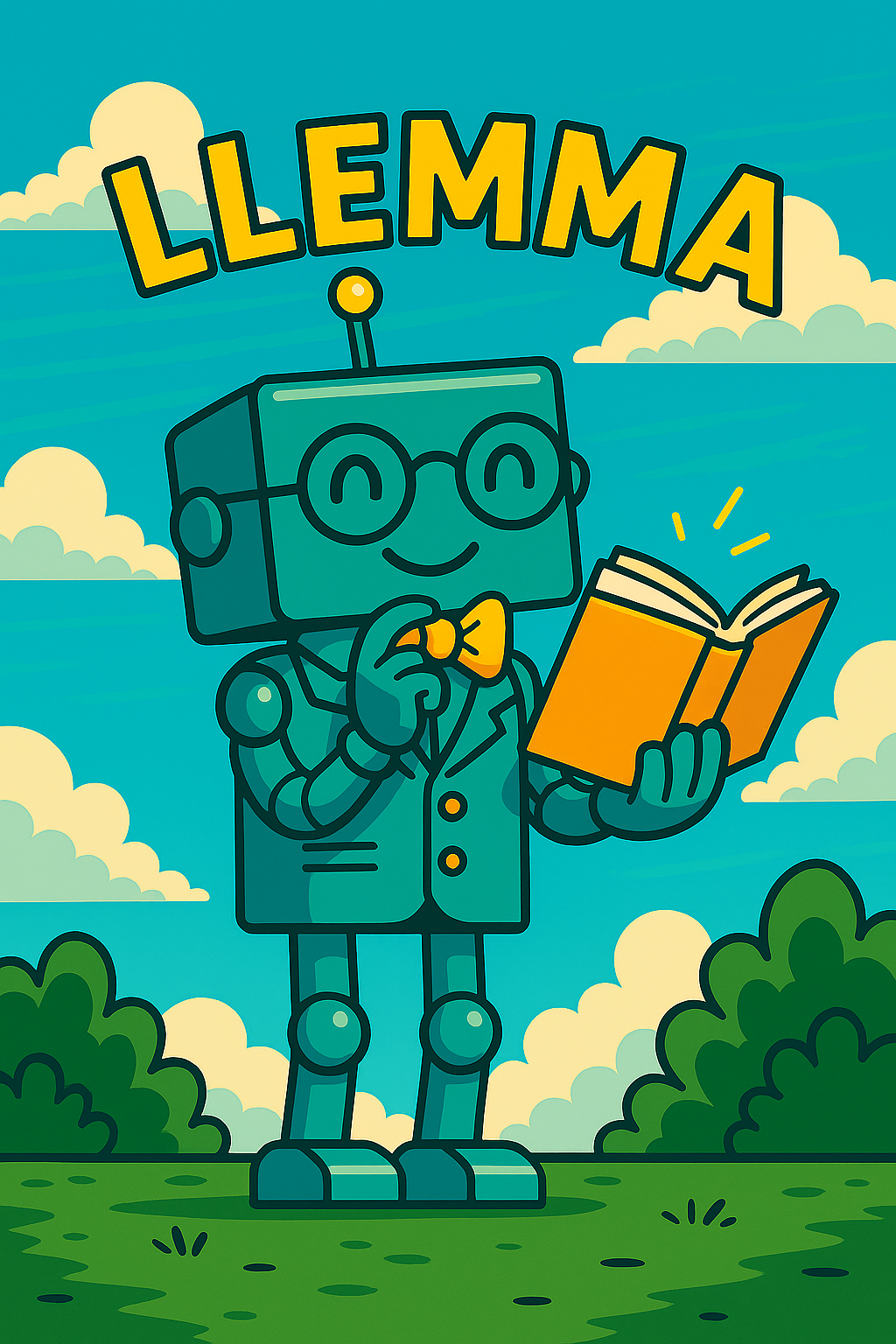 Cartoon robot with glasses and bow tie holding an open book, standing outdoors with clouds and trees in the background, and the word 'LEMME' above