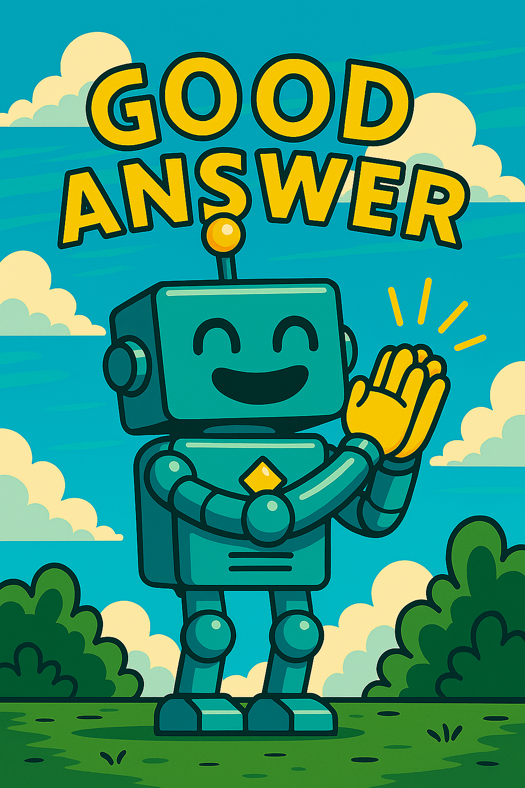 A cartoon robot waving with the words 'Good Answer' above its head, set against a blue sky with clouds and green bushes.