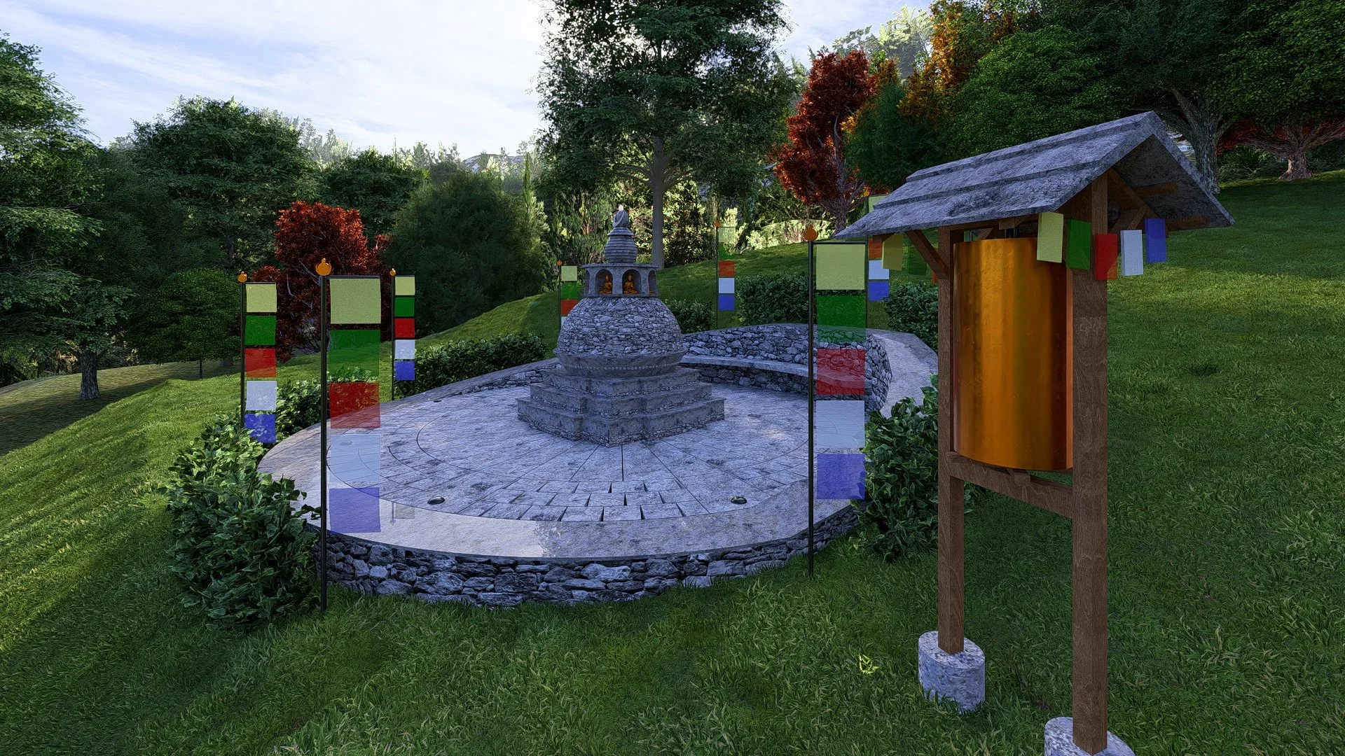 A landscaped garden with a circular stone patio, a small stone pagoda, colorful outdoor art panels, a wooden notice board with colored panels, and lush green trees and shrubs.