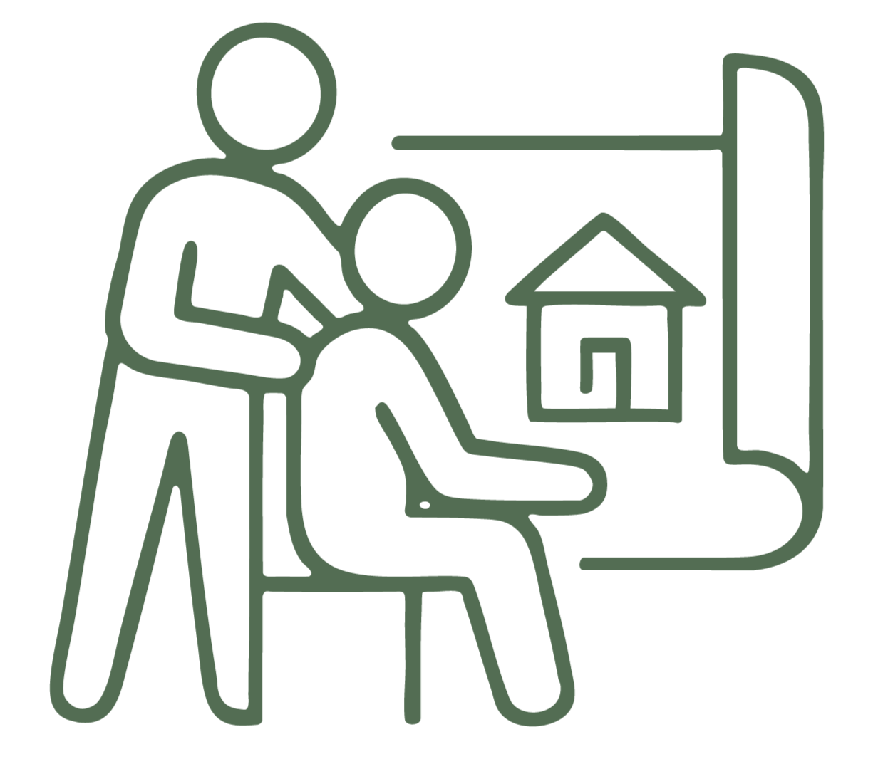 Line drawing of a person standing next to a seated person, with a house in the background.