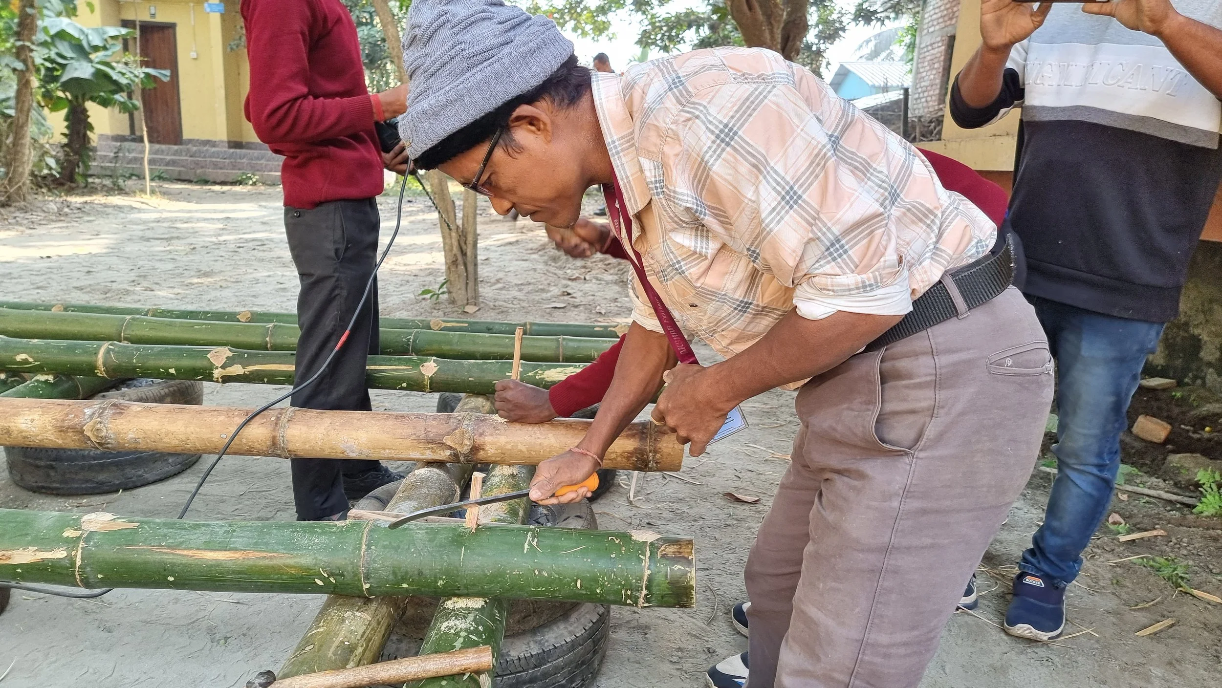 A man with dark curly hair, glasses, and a beard looking to the right, wearing a dark sweater, with a plant and white wall in the background.