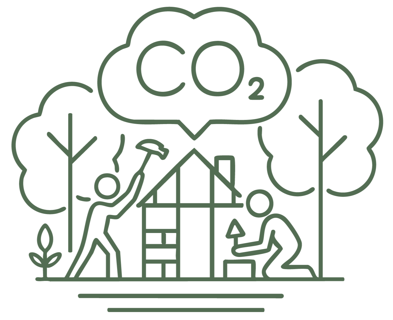 A line drawing illustration of two people planting trees outdoors surrounded by trees, with a house in the background. A cloud above contains the text 'CO2', emphasizing environmental efforts to reduce carbon dioxide.