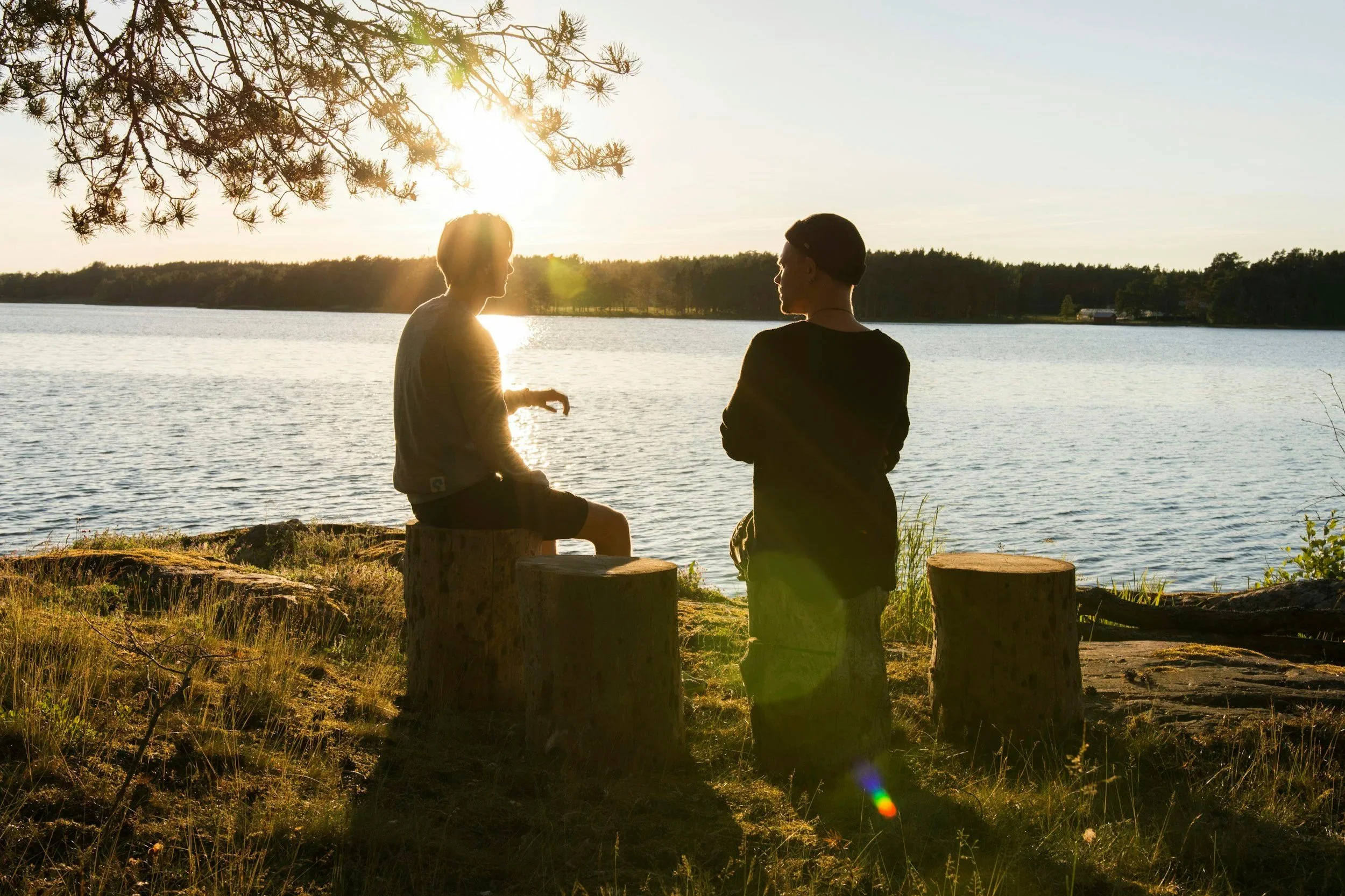 Two people sitting on tree stumps by a lake at sunset, facing each other and talking, with trees in the background and sun shining brightly.