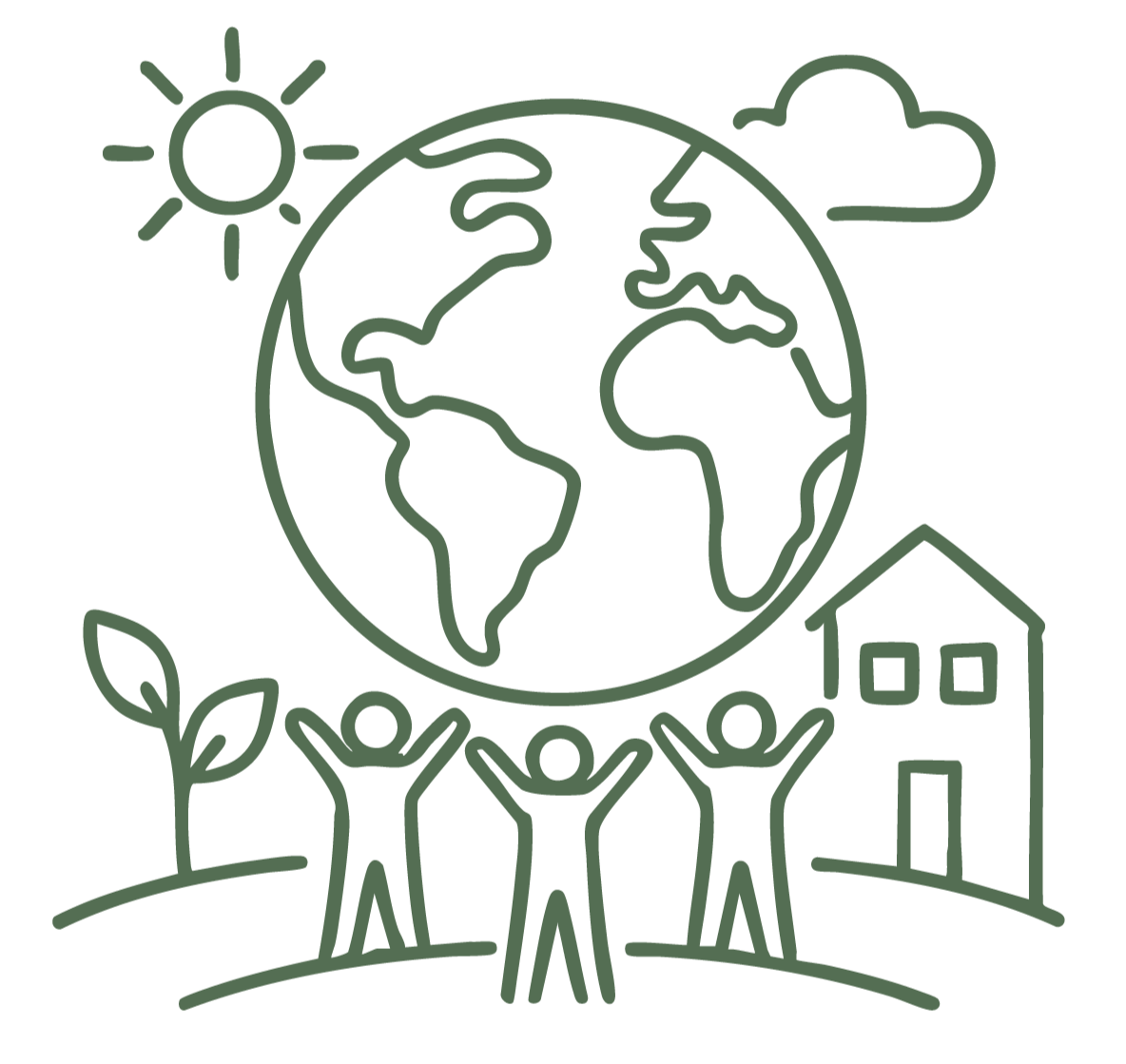 Line drawing of three people with raised hands, a globe, a house, a tree, a sun, and a cloud, representing environmental sustainability.