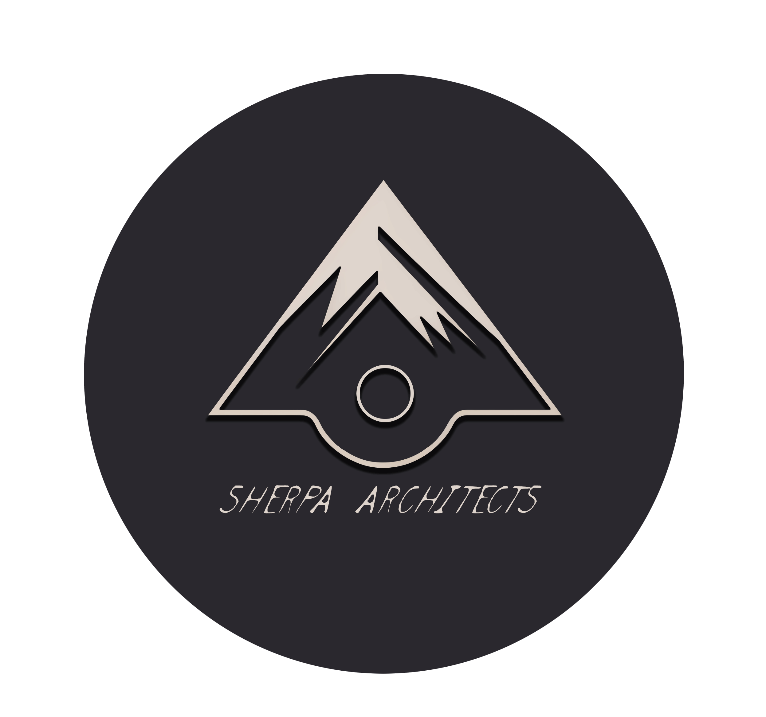 Logo of Sheppa Architects, featuring a stylized mountain with a circle at the base, on a dark circular background.