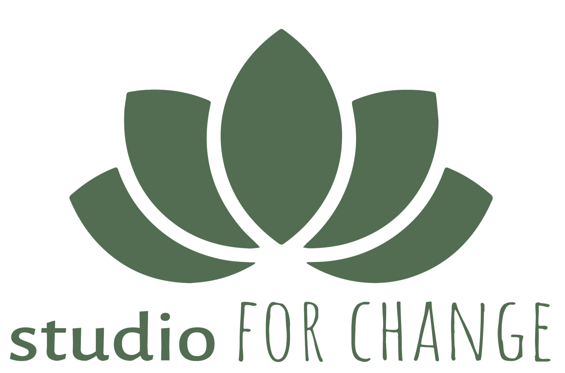 A stylized green lotus flower logo with the words 'studio FOR CHANGE' beneath it.