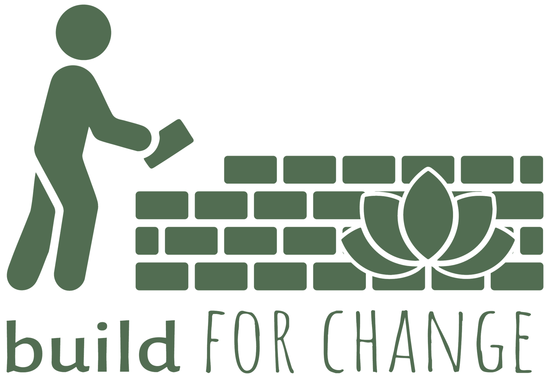 A graphic illustration of a person with a phone facing a brick wall, with a lotus flower near the wall. Below the image, the text reads 'build FOR CHANGE'.