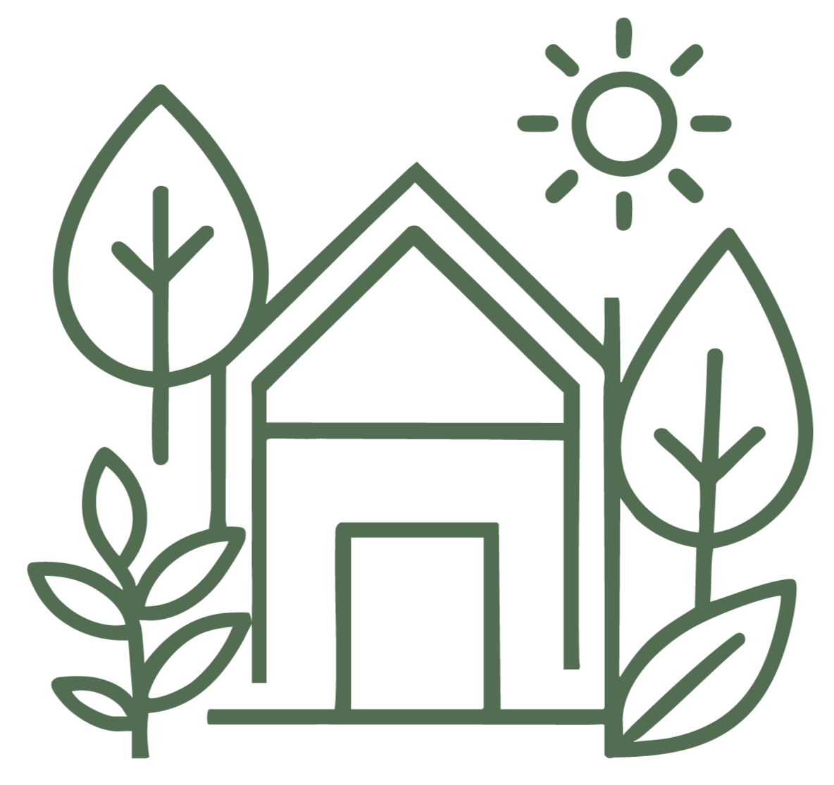Outline drawing of a house surrounded by trees and plants, with a sun shining above.