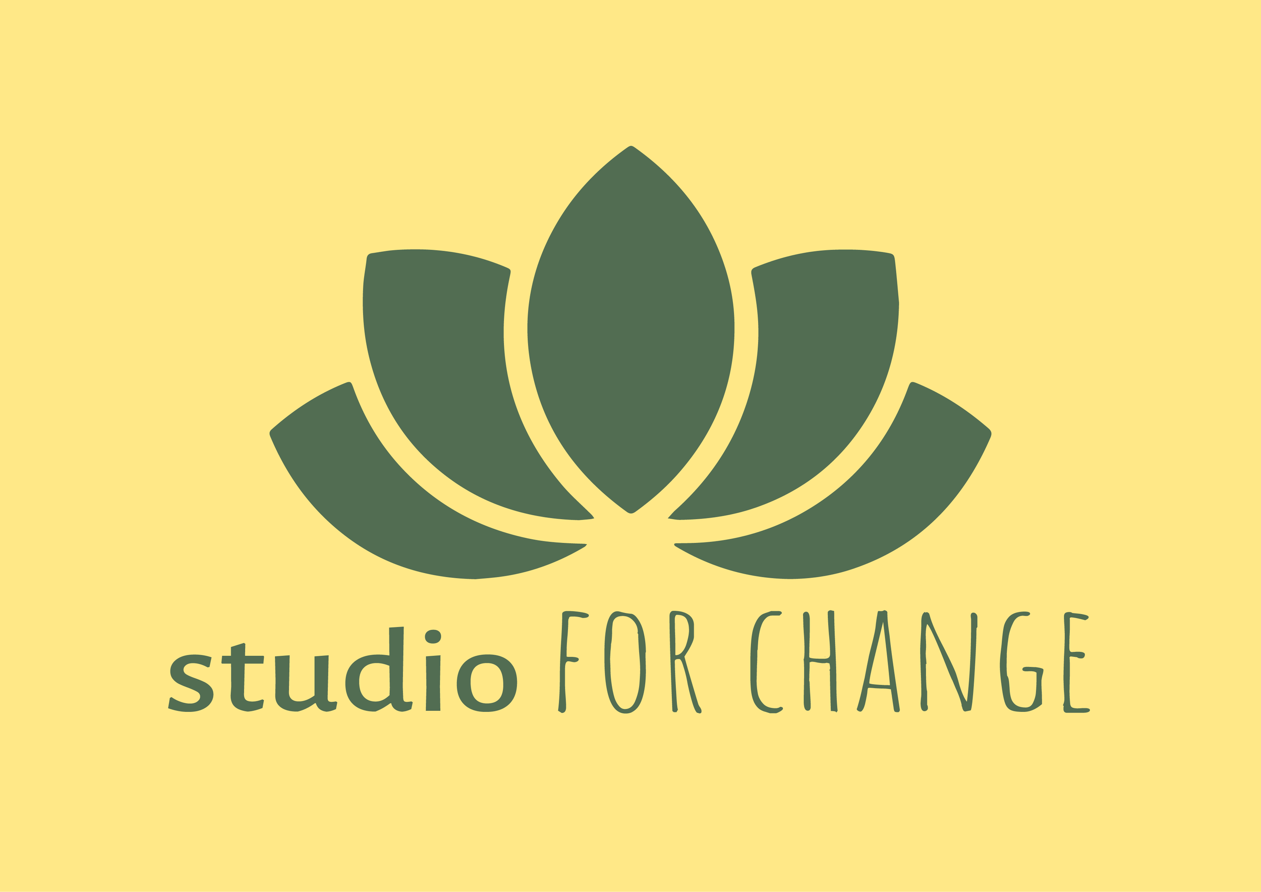 A logo with a stylized green lotus flower and the words 'studio FOR CHANGE' on a yellow background.
