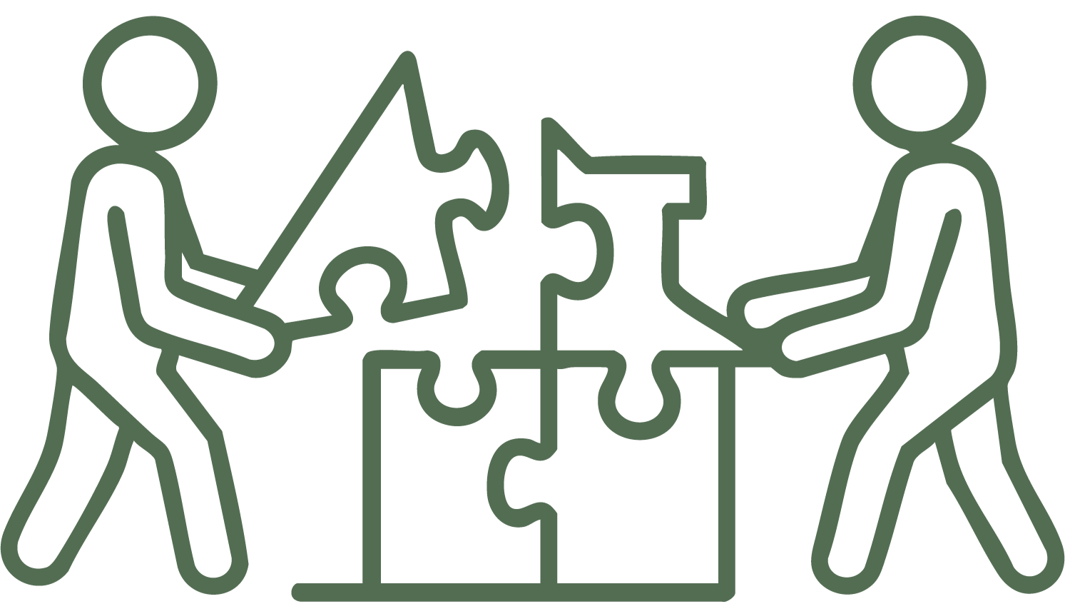 Two people holding puzzle pieces working together on a puzzle.