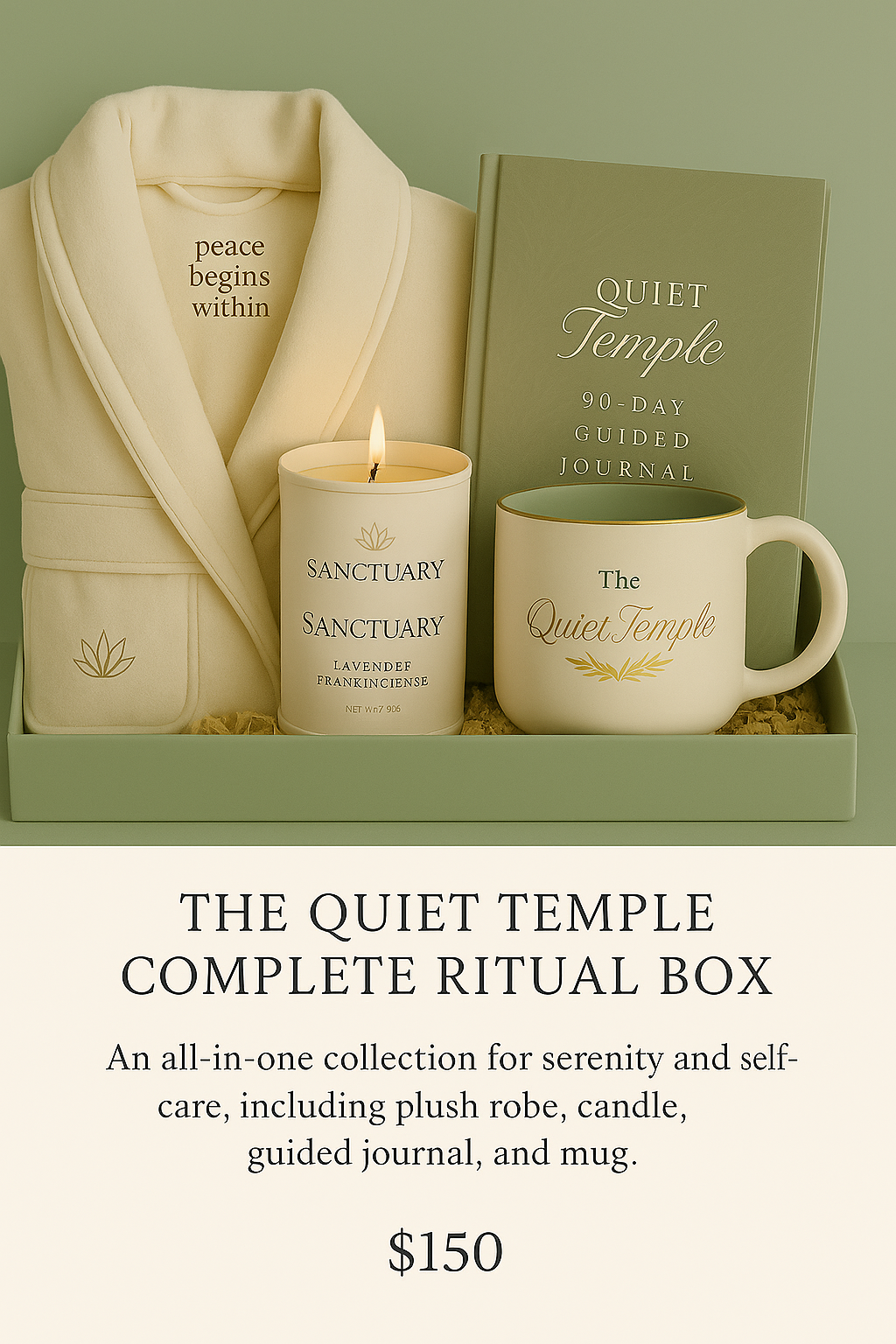 A gift box containing a cream-colored plush robe with the words "peace begins within," a lit lavender candle labeled "Sanctuary," a guided journal titled "Quiet Temple," and a ceramic mug with "The Quiet Temple" written on it, all arranged on a light green background.