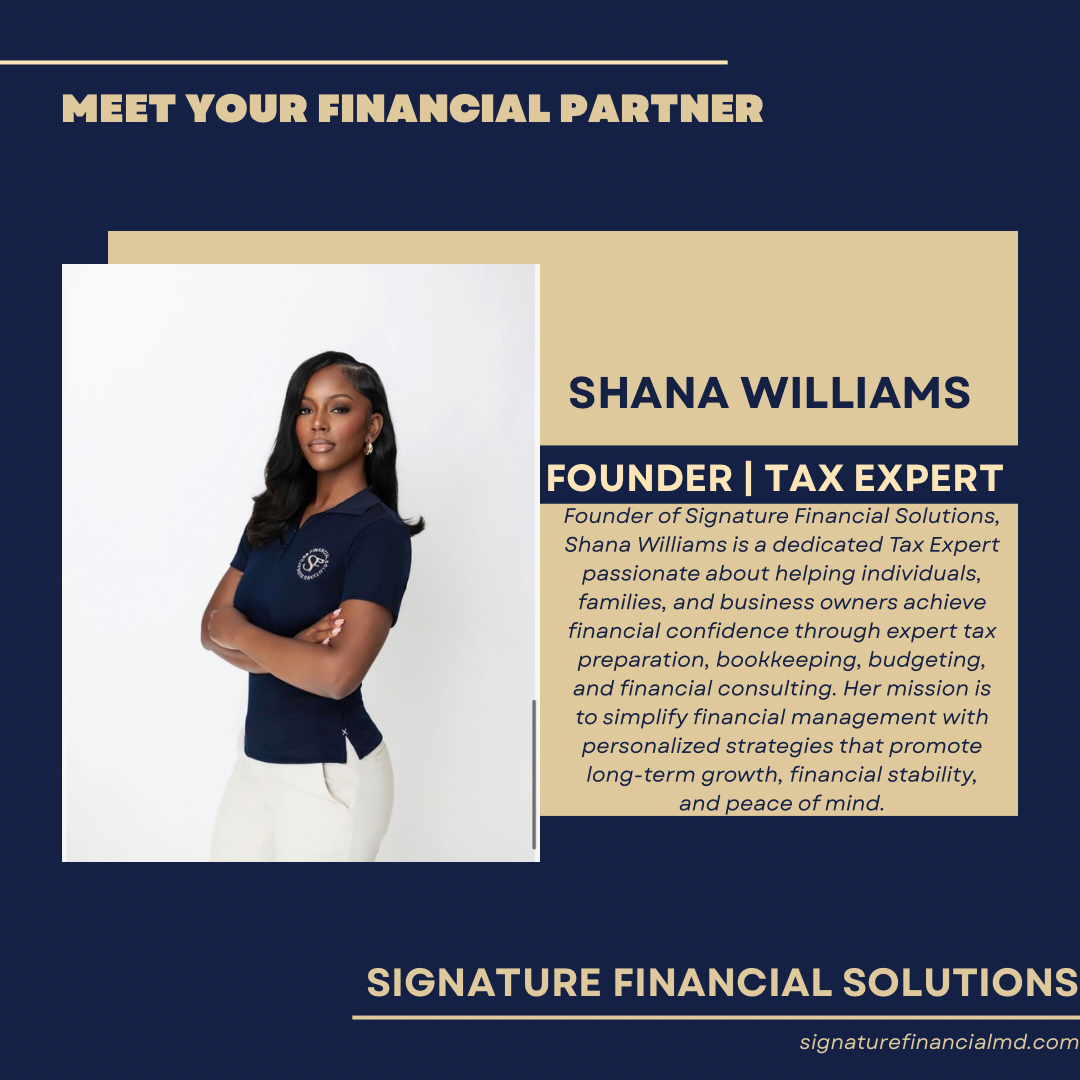 Profile photo of Shana Williams, founder and tax expert at Signature Financial Solutions, with a navy blue background and text describing her background and mission.
