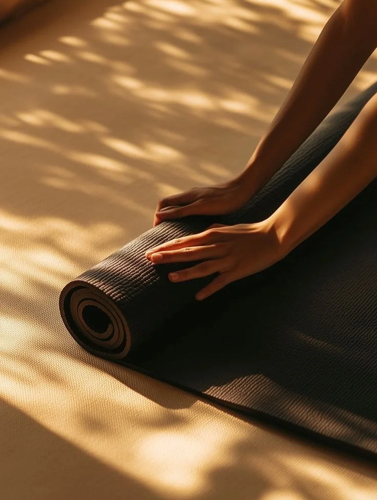 Personne en train de dérouler un tapis de yoga noir sur un sol lumineux avec des ombres d'arbres.