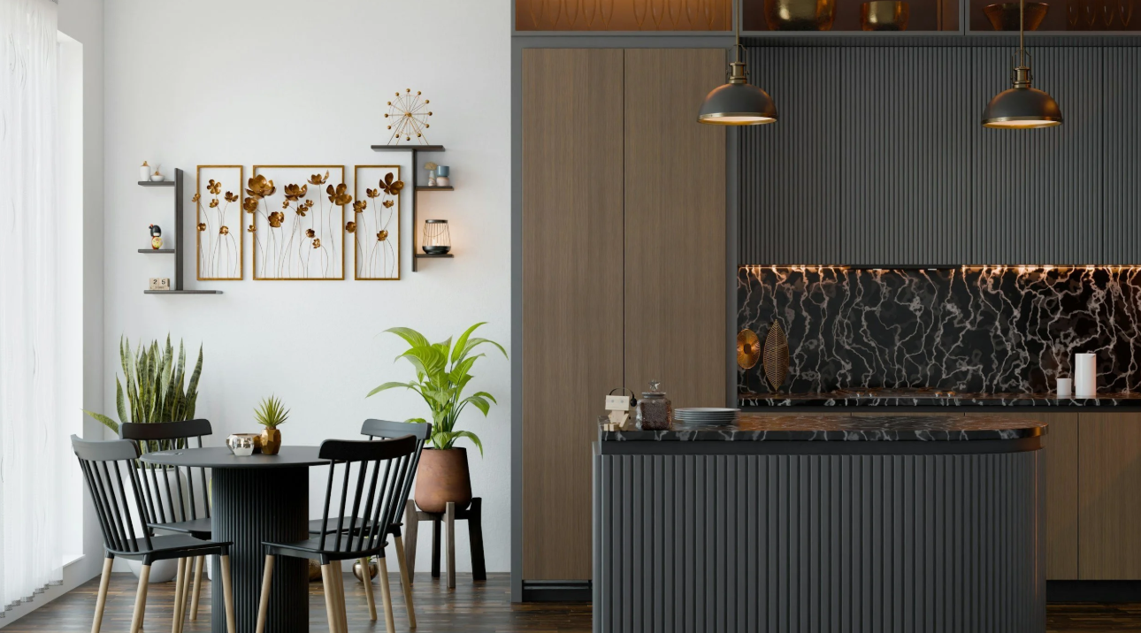 Modern kitchen and dining area with black dining table, black chairs, wooden and black textured cabinetry, marble backsplash, hanging pendant lights, and decorative wall art and plants.
