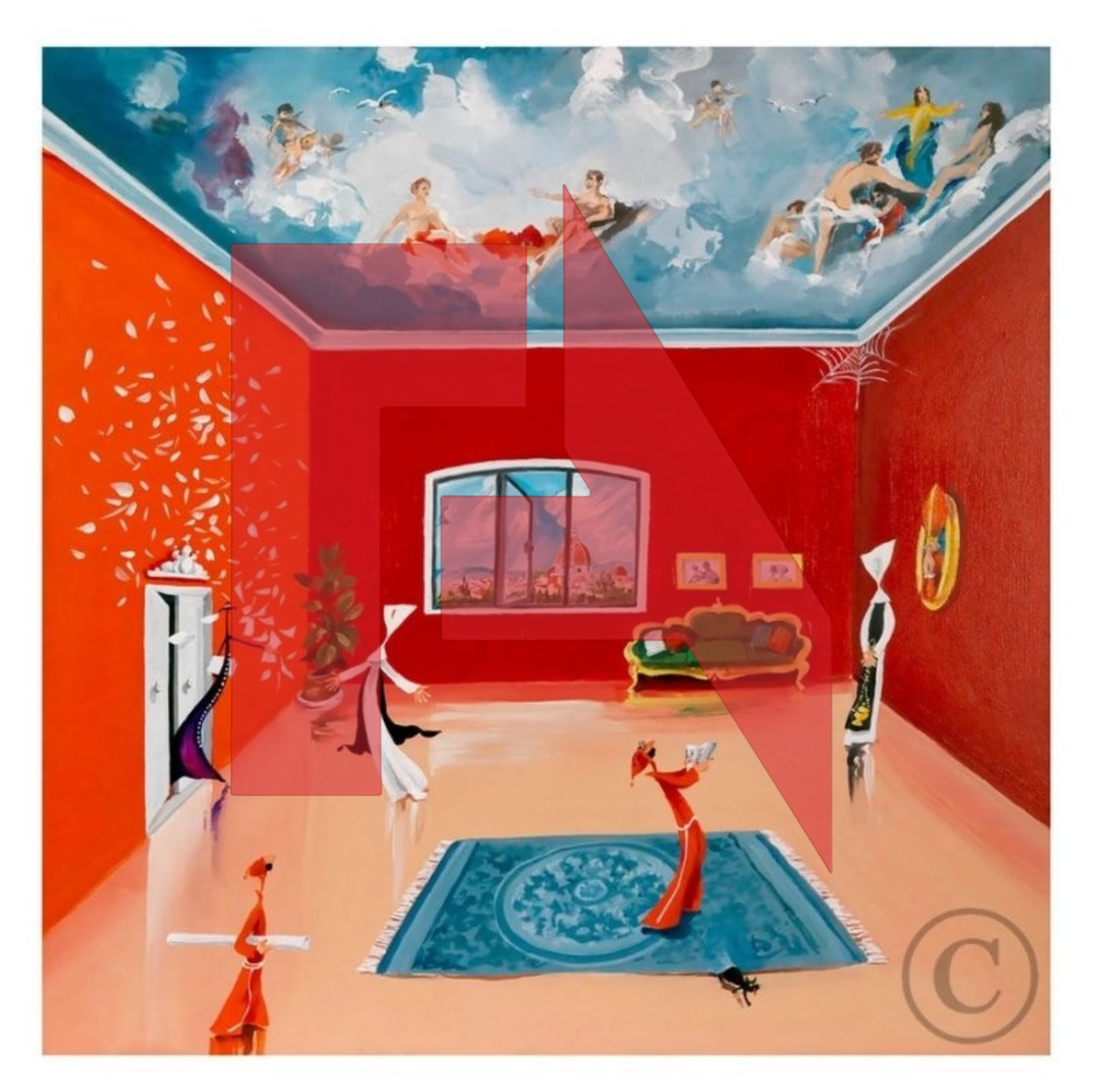 A painting of a room with red walls and a blue ceiling that depicts a sky scene with floating people and seagulls.