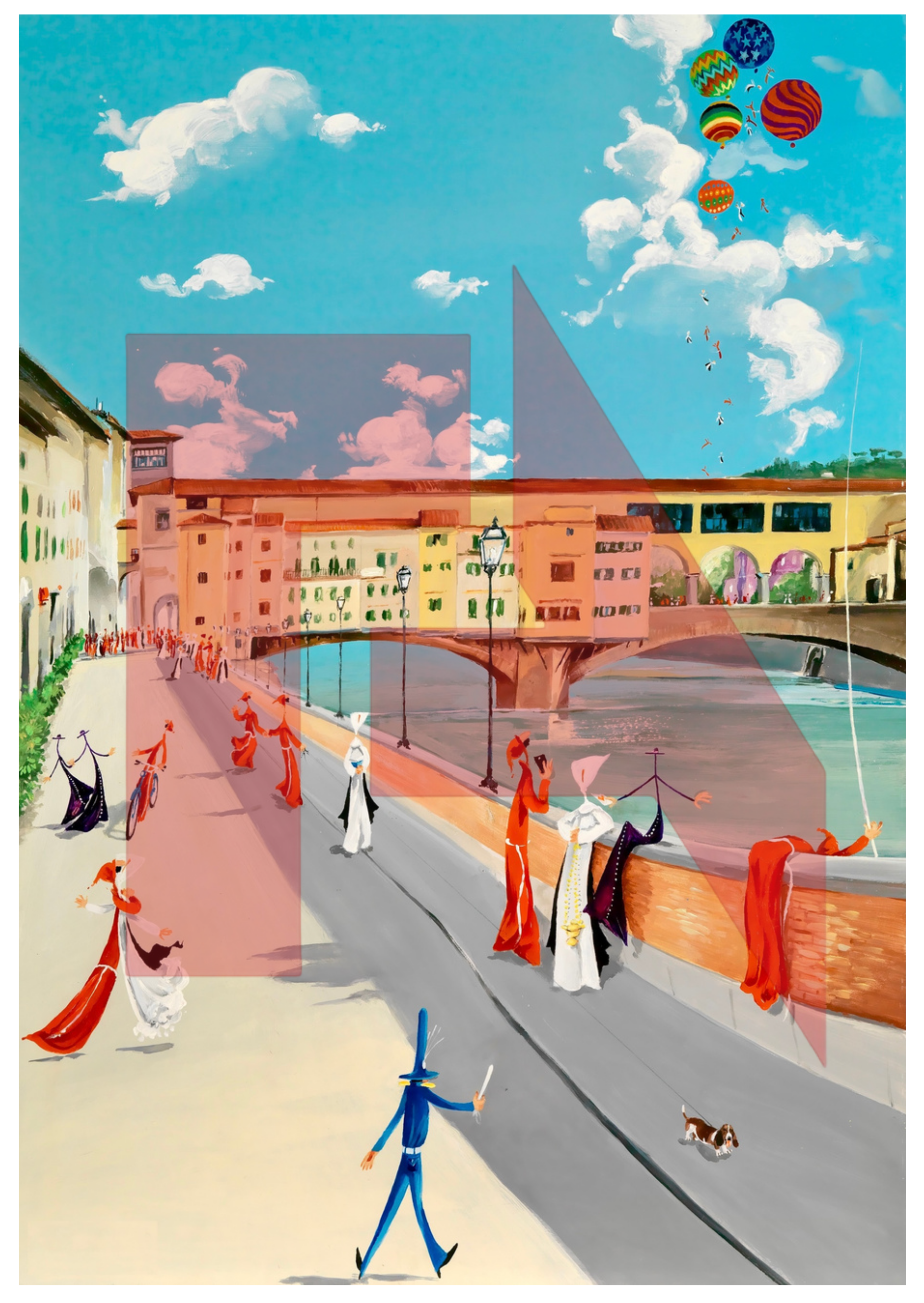 Illustration of a lively city scene along a river with colorful buildings, a bridge, people walking, and balloons in the sky. Classic European architecture and a bright, cheerful atmosphere.