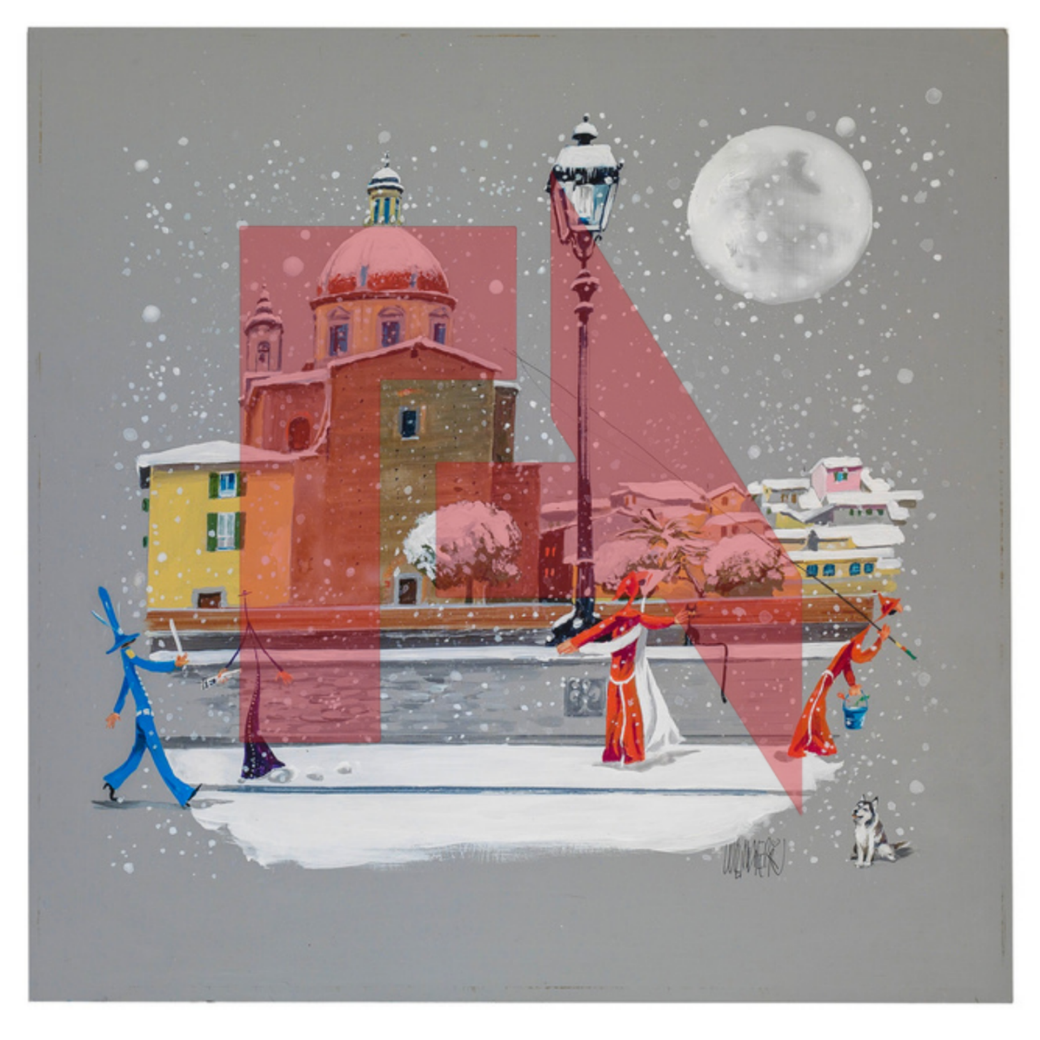 A watercolor painting of a winter scene with a church, colorful houses, snow, a full moon, and four whimsical characters walking with a dog in the foreground.