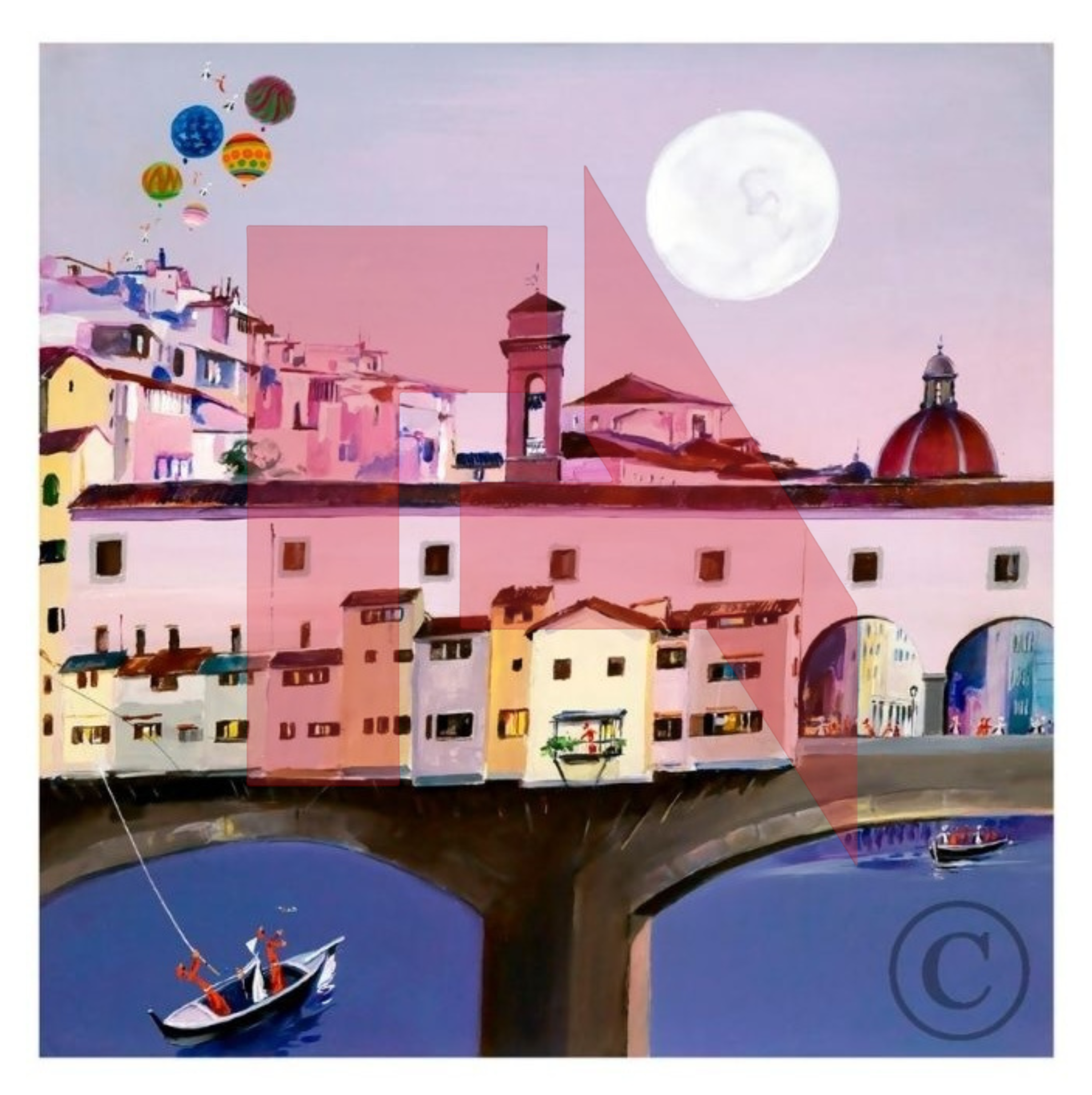 Painting of a colorful Italian seaside town at night, with a full moon in the sky, boats in the water, and buildings with arched windows and facades.