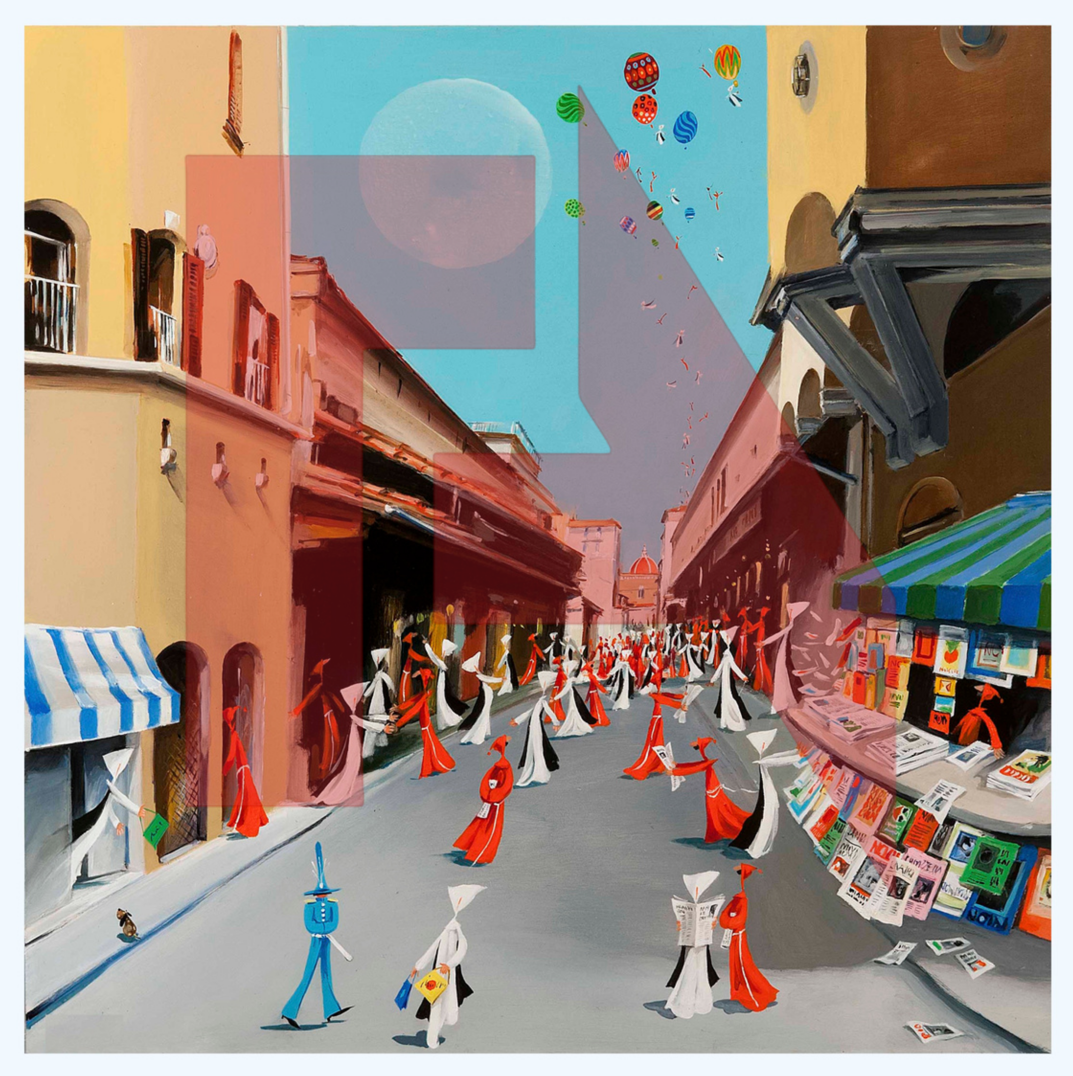 A lively street scene with people dressed as paper bag puppets in red, white, and black costumes, dancing and walking. Colorful balloons are floating in the sky, and a large moon is visible. Buildings with shops and balconies line both sides of the street, with a newsstand displaying newspapers and magazines on the right.
