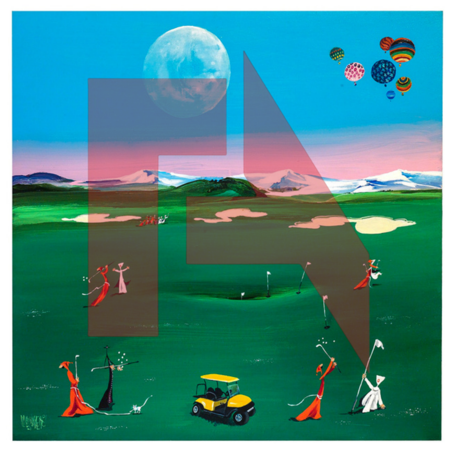 Illustration of a golf course during sunset with players in colorful attire, a golf cart, hot air balloons in the sky, a large moon, and snow-capped mountains in the background.