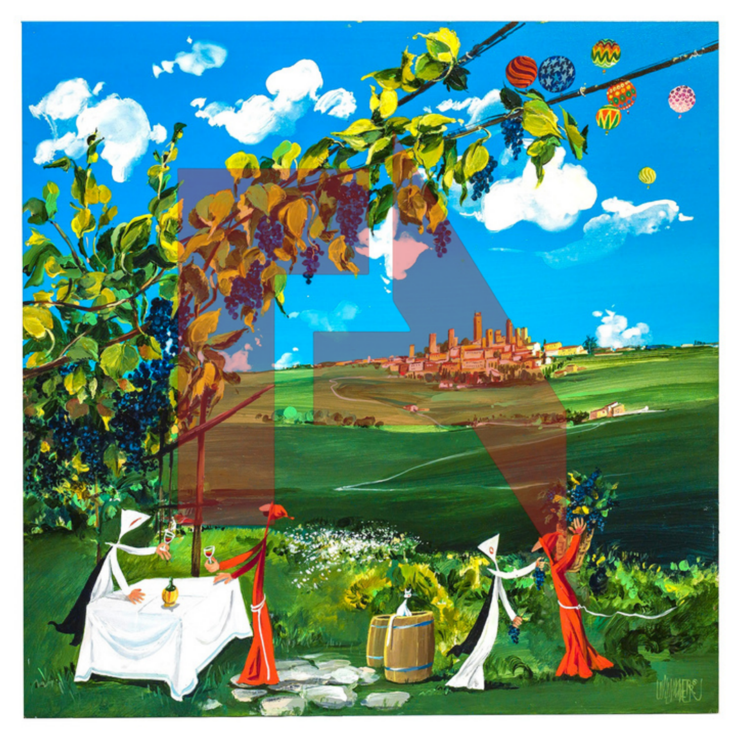 Colorful painting of a vineyard scene with two stylized anthropomorphic grape harvesters dancing, a table with wine glasses, a cat sitting on a barrel, and a scenic landscape with a town and rolling hills under a blue sky with clouds.