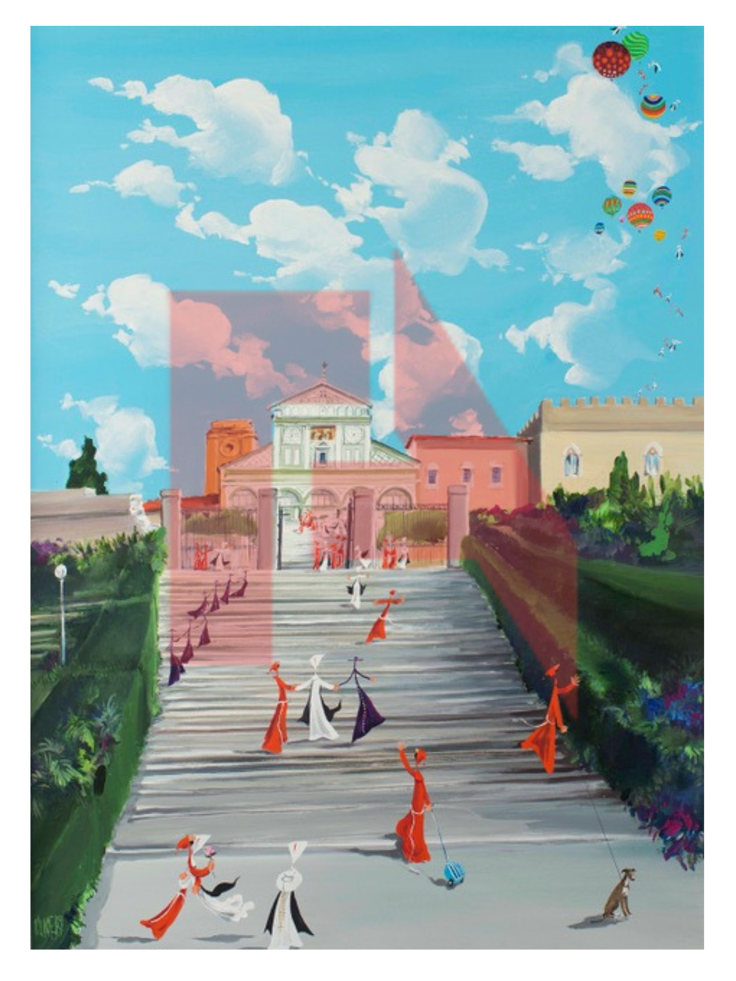 Colorful painting of a lively staircase leading to a historic building, with people and animals, under a sky filled with clouds and hot air balloons.