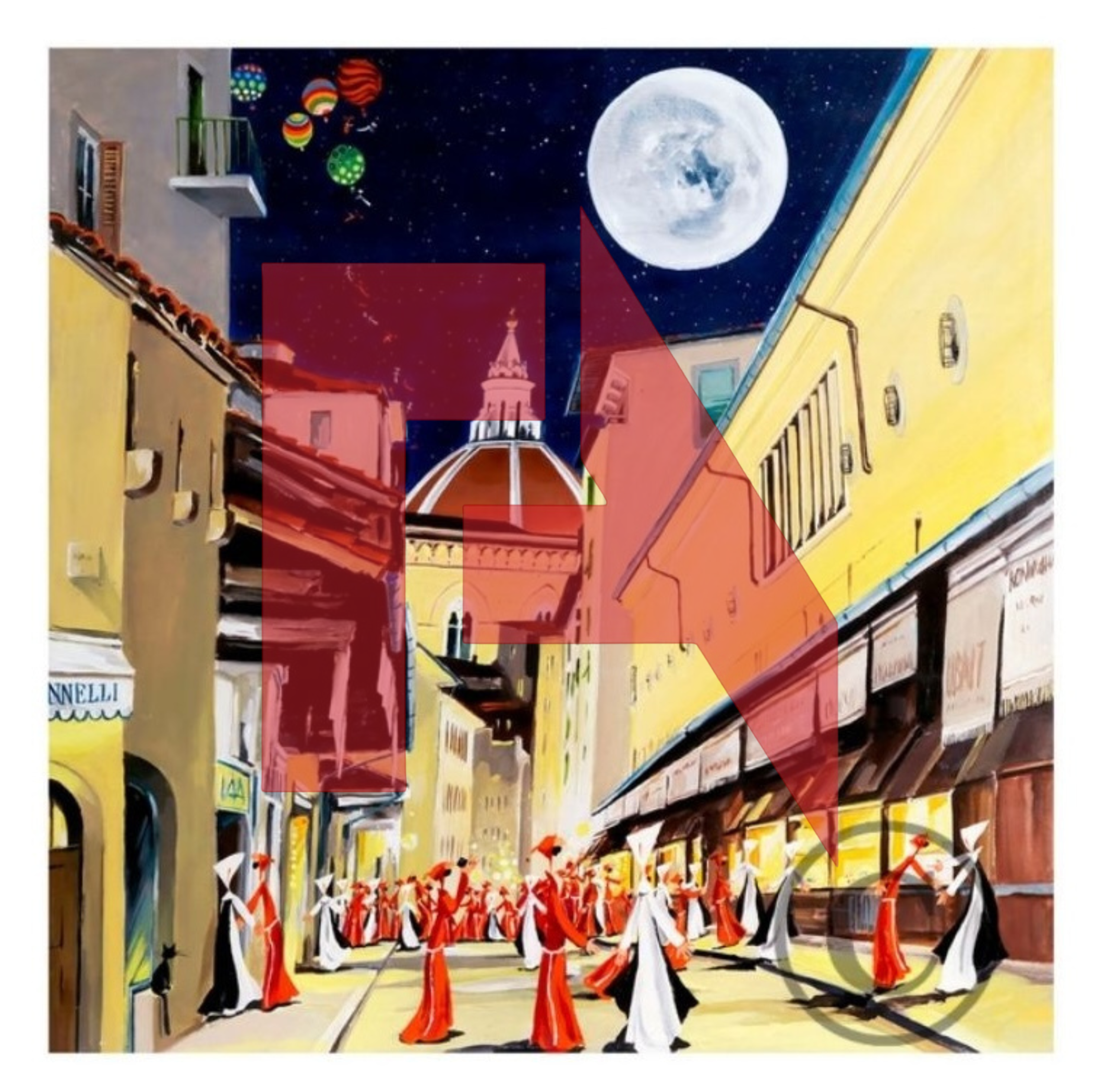 Painting of a lively city scene at night with a full moon, stars, and colorful balloons in the sky. The street features buildings with balconies and storefronts, and a crowd of people dressed in red and white, performing a traditional dance parade.