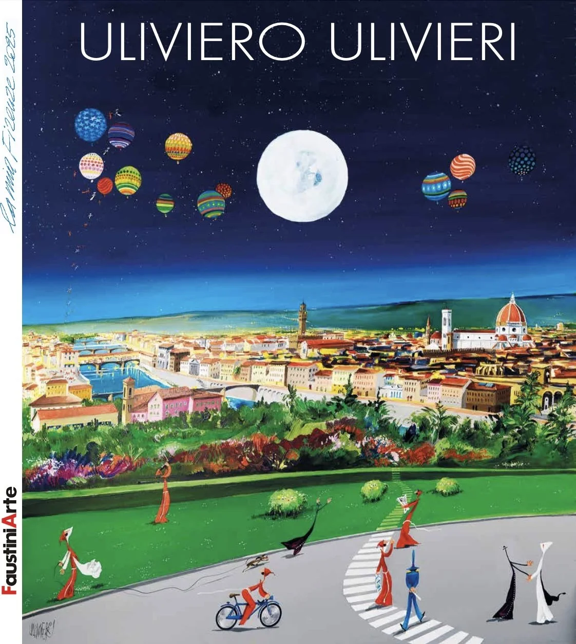 Colorful illustrated cityscape under a starry night sky with a full moon, hot air balloons, and pedestrians crossing a crosswalk, with people on bicycles and walking, and vibrant greenery in foreground.