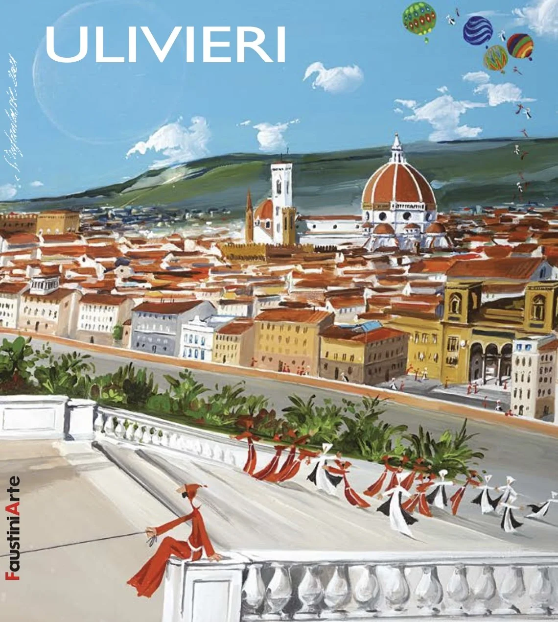 Painting of a cityscape featuring the Florence Cathedral with its red-tiled dome, surrounded by historic buildings in Florence, Italy, under a blue sky with clouds and flying colorful hot air balloons.