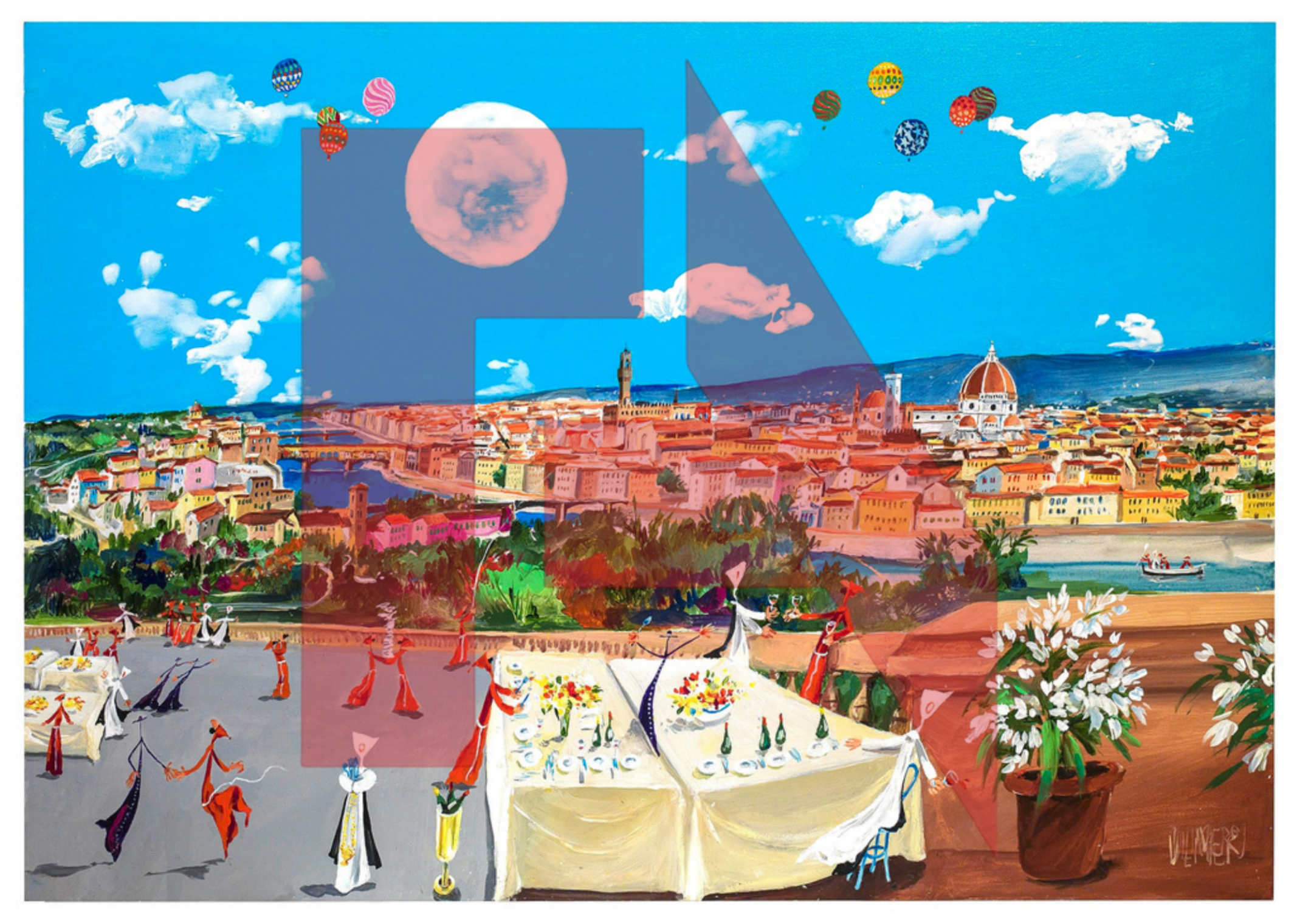 A colorful painting of Florence, Italy with the cityscape, river, and famous buildings under a bright blue sky. There is an outdoor dining scene with tables, flowers, and people in traditional attire, and hot air balloons in the sky.