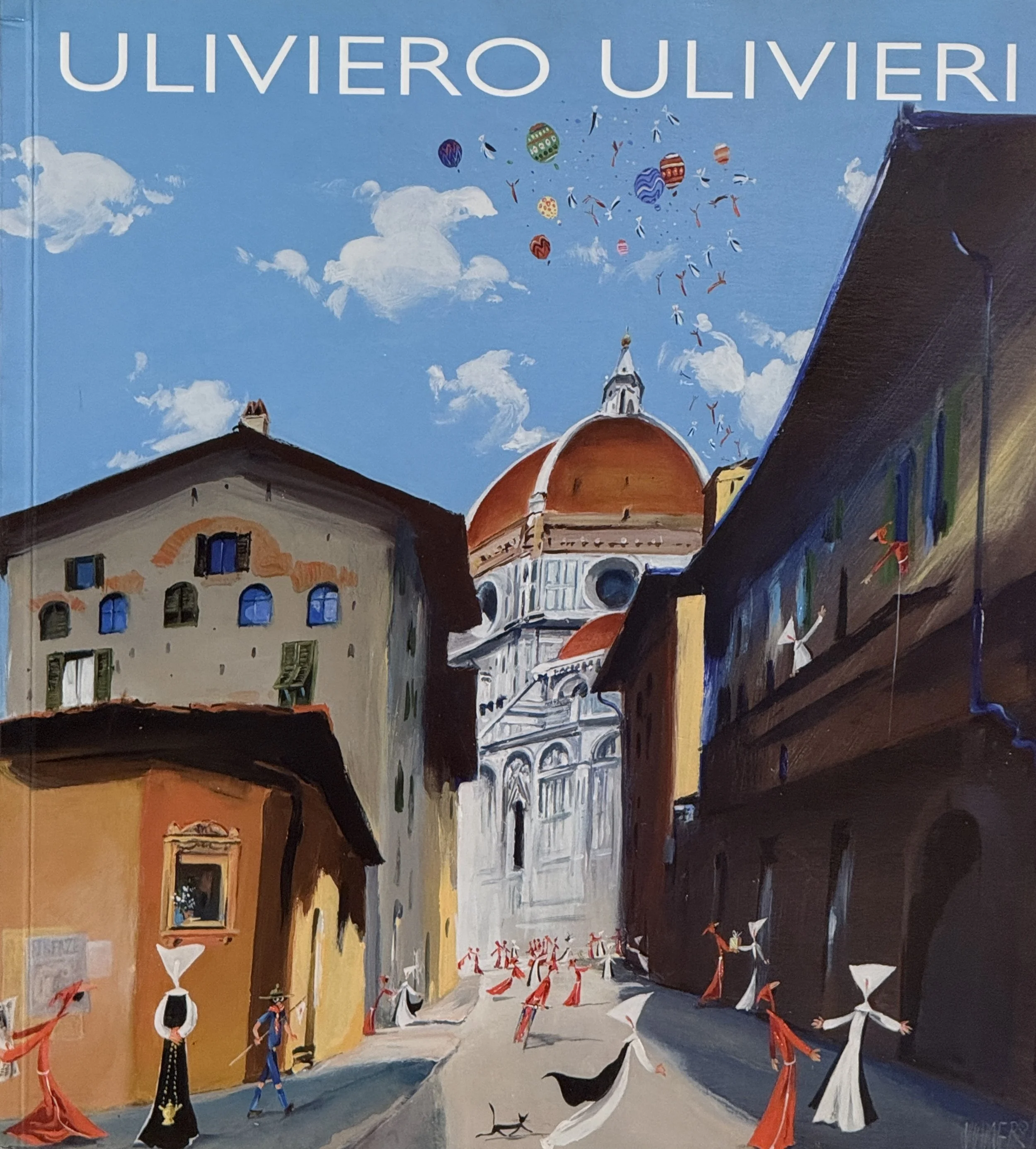 Painting of Florence, Italy, featuring buildings, the Duomo with its red dome, people dancing in traditional attire, and hot air balloons in the sky.