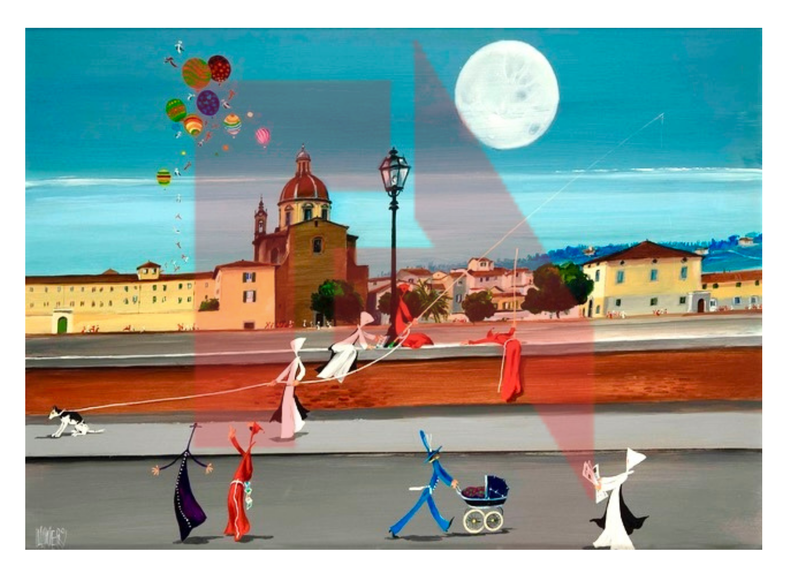 A colorful surreal scene featuring a cityscape at night with a large moon in the sky, hot air balloons flying above, people walking with shopping bags and a baby stroller, a person in red balancing on a tightrope, and a small cat on the sidewalk.