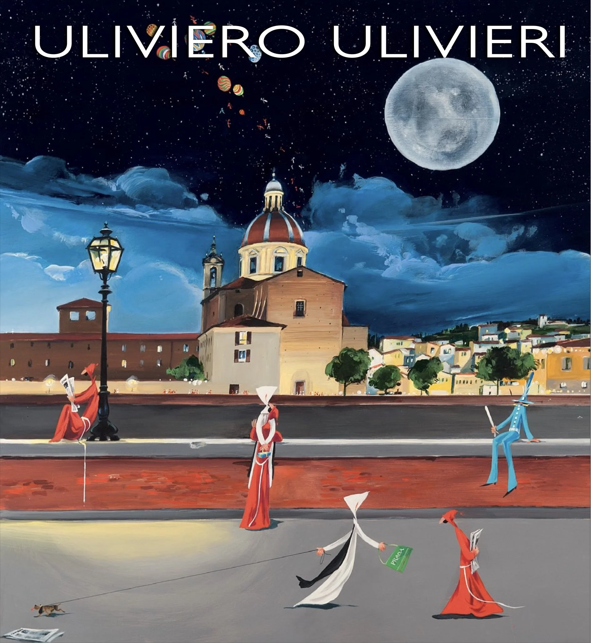 An illustrated night scene of a European city square with a church and houses, under a starry sky and full moon, with animated figures dressed in red and blue clothing, some reading newspapers and one walking a dog.