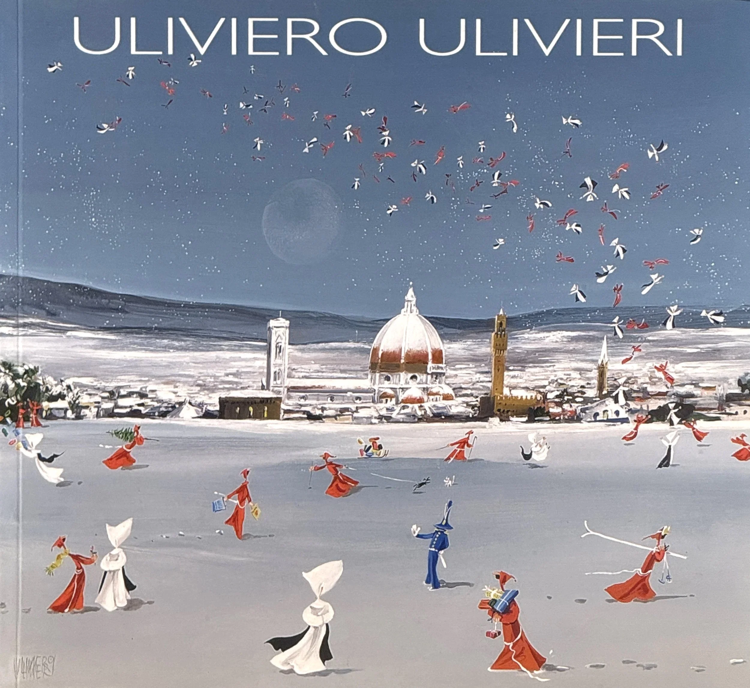 A festive winter scene featuring an illustrated cityscape with a domed church and clock towers in the background, and people dressed as Santa Claus in a snow-covered field with flying birds in the sky.