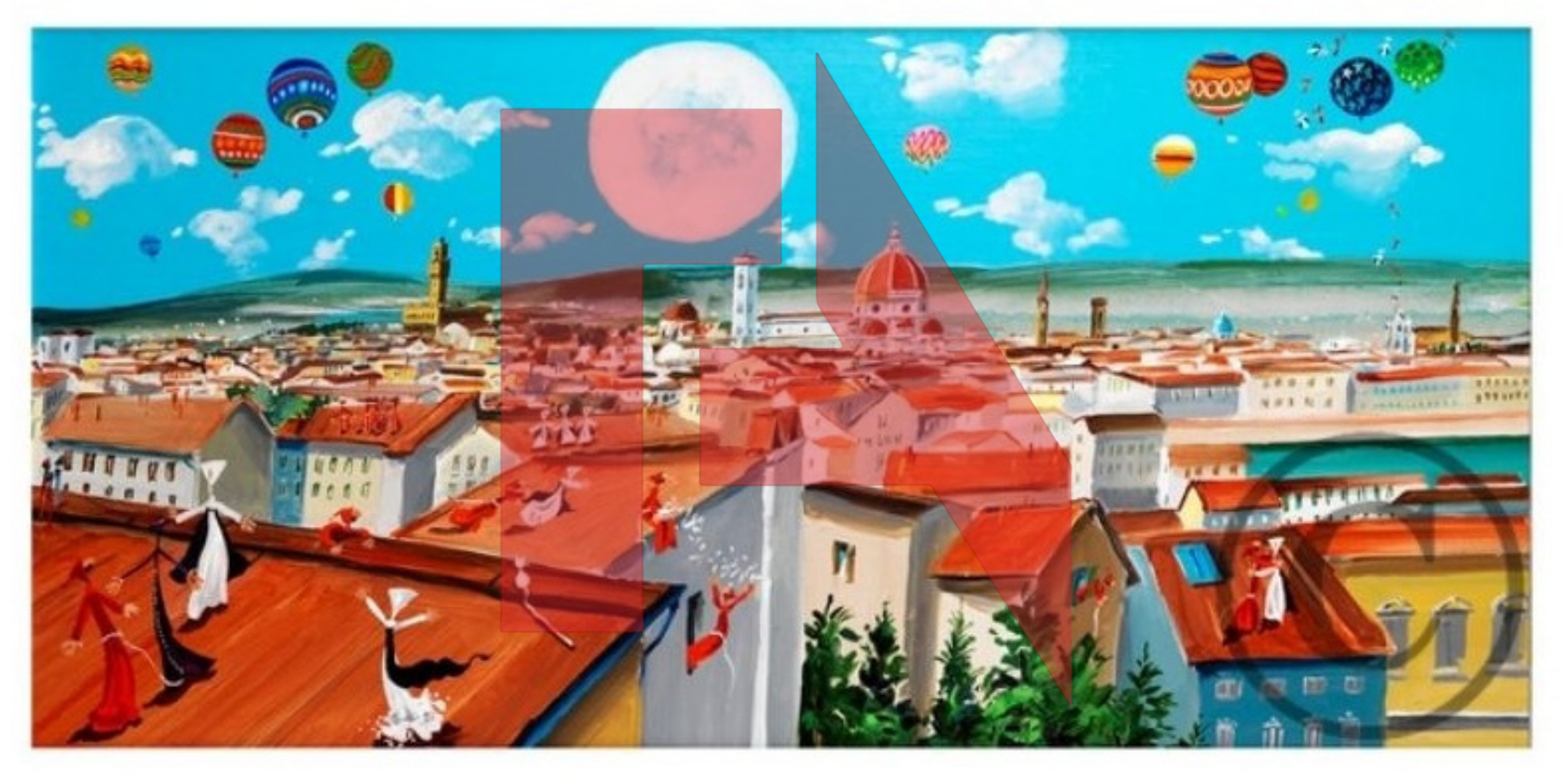 Colorful cityscape with orange rooftops, church domes, and rolling hills in the background, under a vibrant blue sky with clouds and hot air balloons.