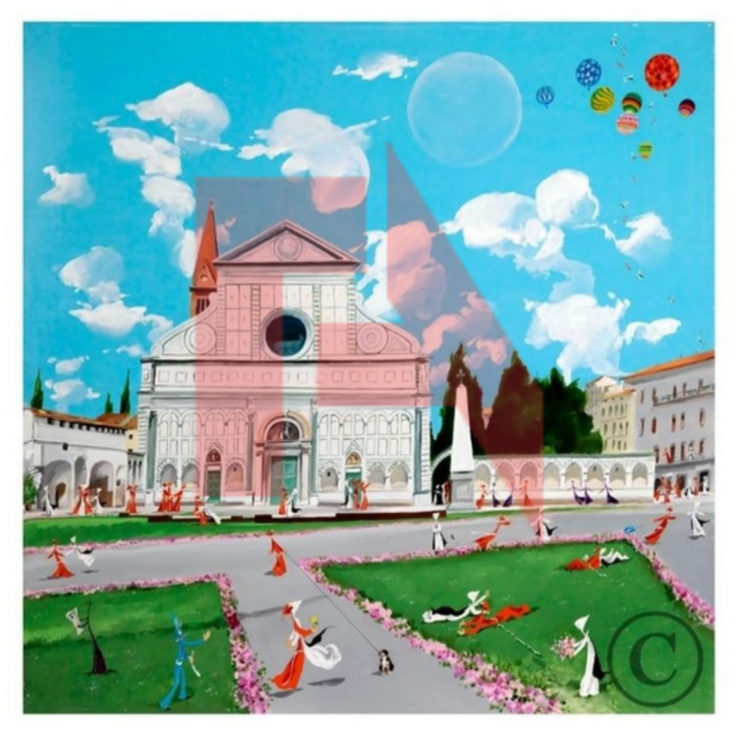 A colorful painting of a historical European-style building with a pink facade, surrounded by a lively courtyard with people dancing, playing, and relaxing on green grass and flower beds under a bright blue sky with white clouds and floating balloons.