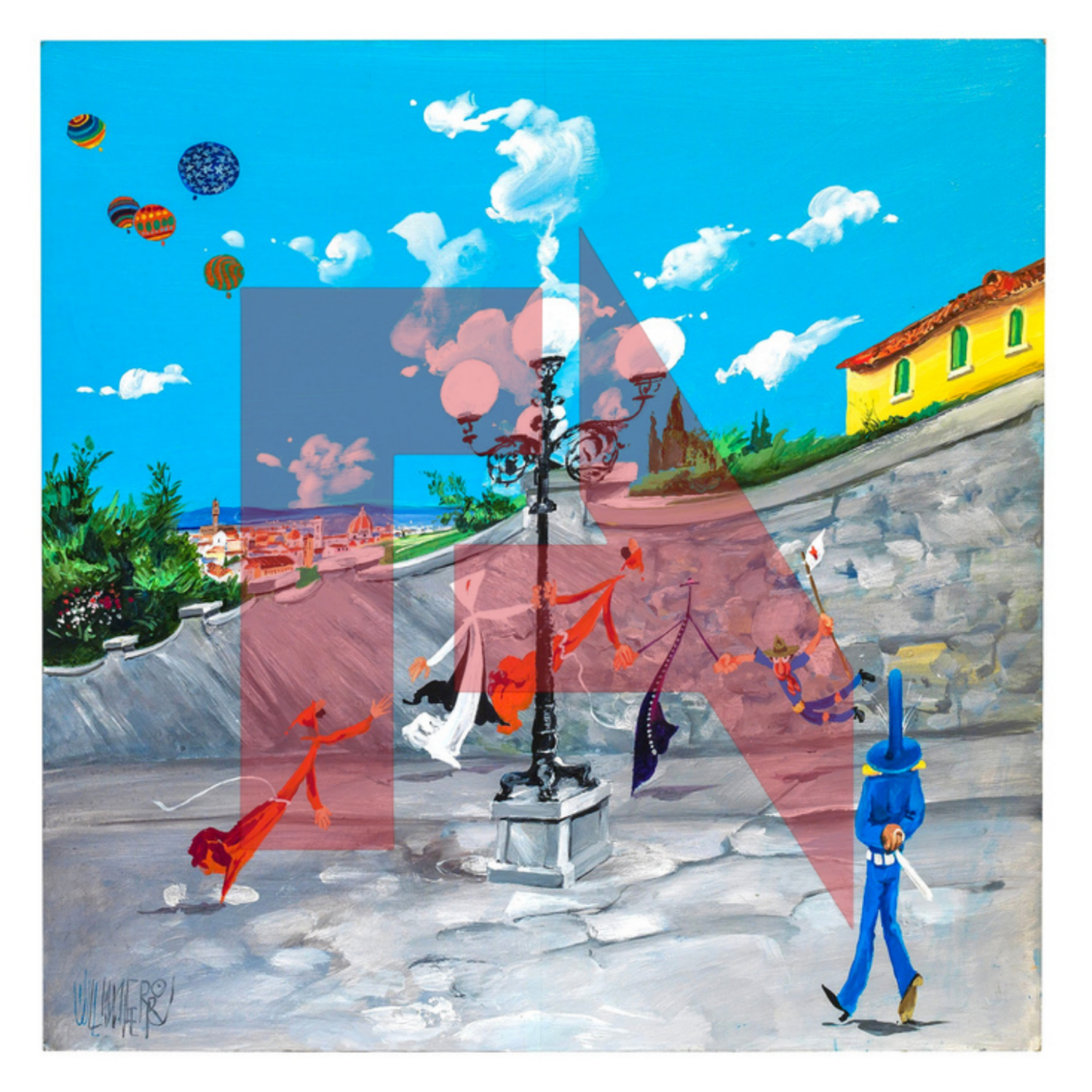 Colorful painting of a street scene with a lamppost and several whimsical characters including a clown, a woman, a man with a sword, and flying balloons against a bright blue sky with clouds and a distant town.