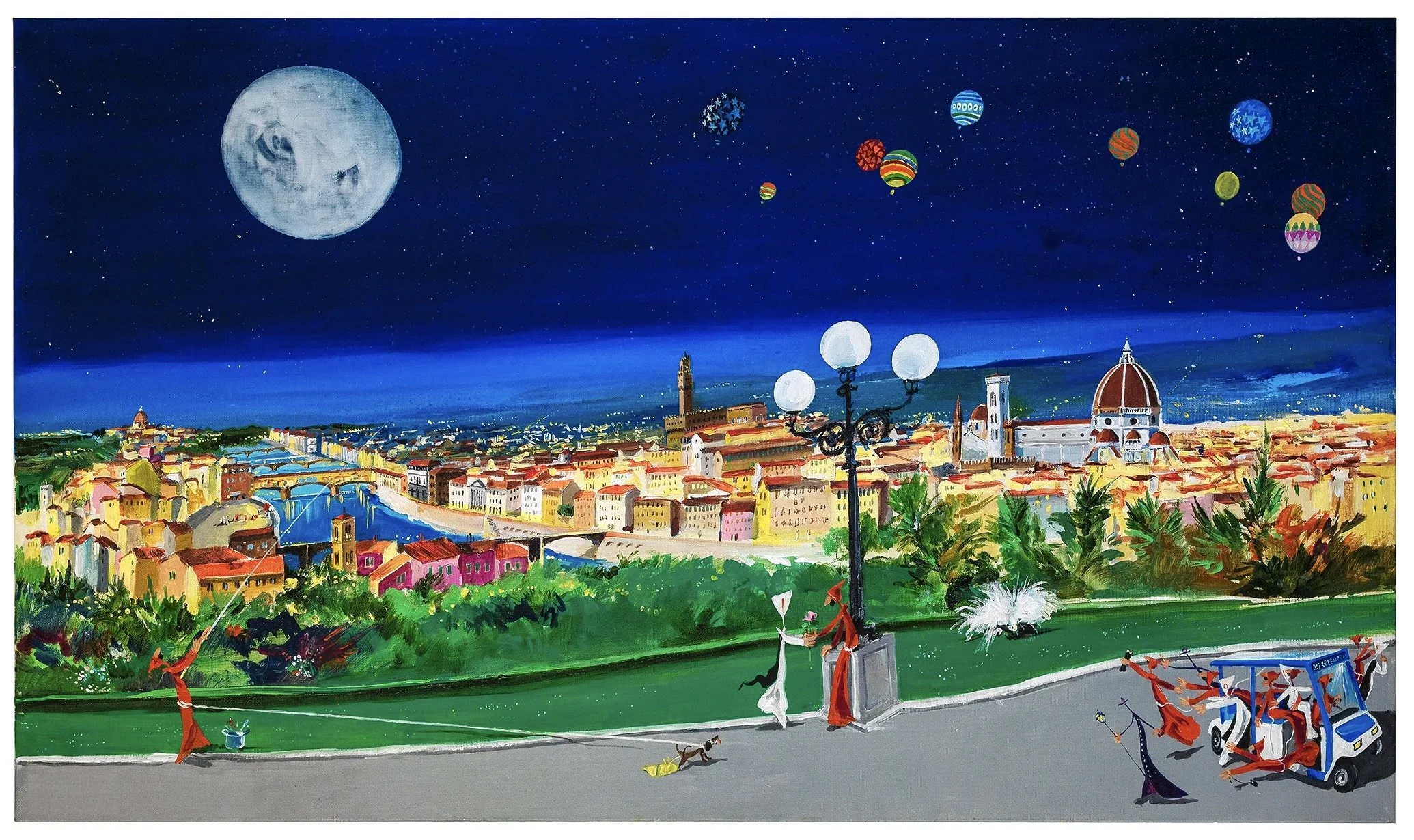 Colorful painting of a cityscape at night with a large moon and stars in the sky, hot air balloons, and whimsical figures dancing and playing near a park.