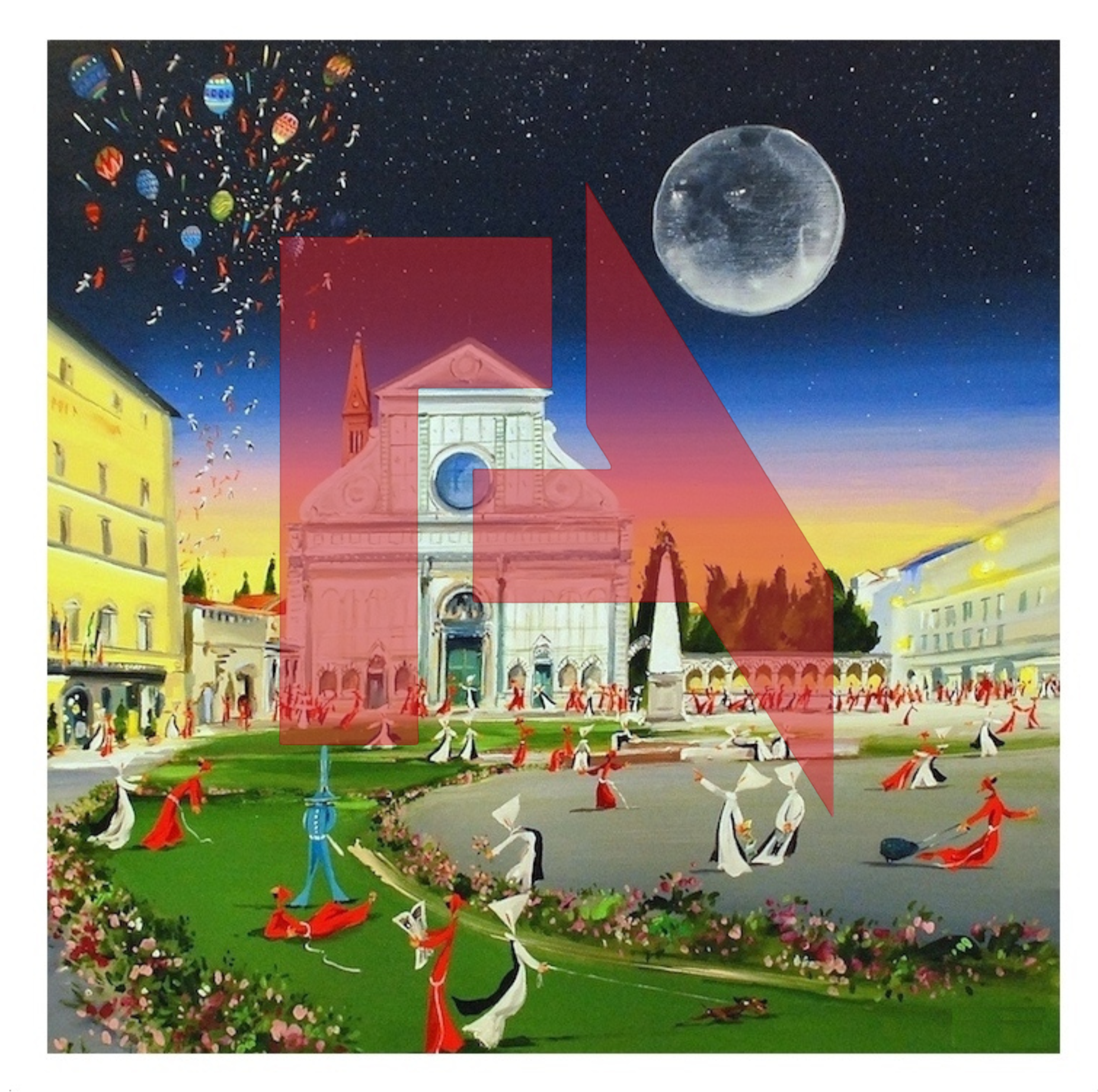 Painting of a lively town square at dusk, with a large church, colorful buildings, many people in red, white, and black costumes, fireworks in the sky, and a full moon.