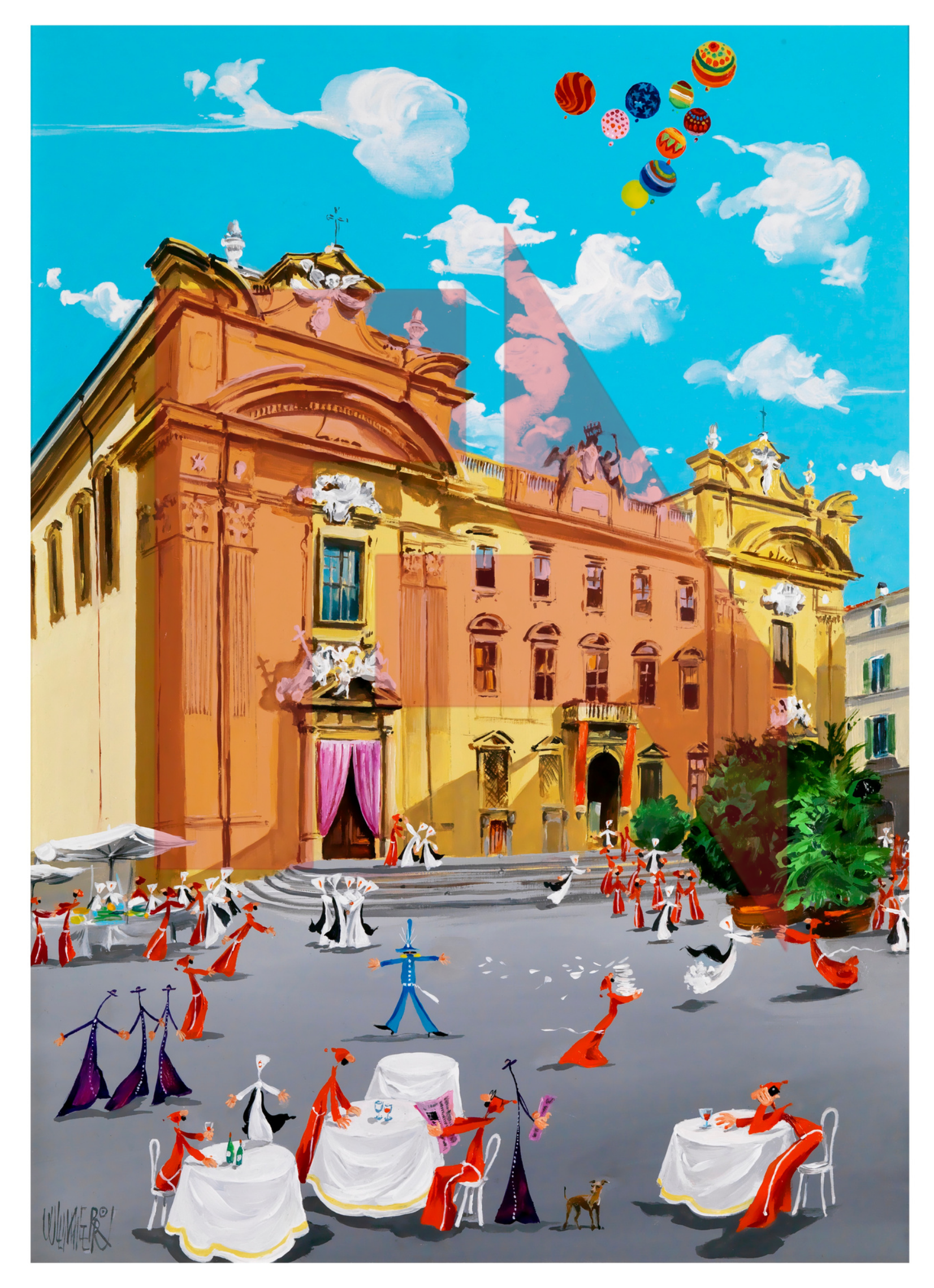 Colorful painting of an outdoor scene featuring a large, ornate building with grand steps, surrounded by people dressed in 18th-century style clothing sitting and dancing at tables and on the street. Balloons are floating in the blue sky with clouds, and a small dog is present among the figures.