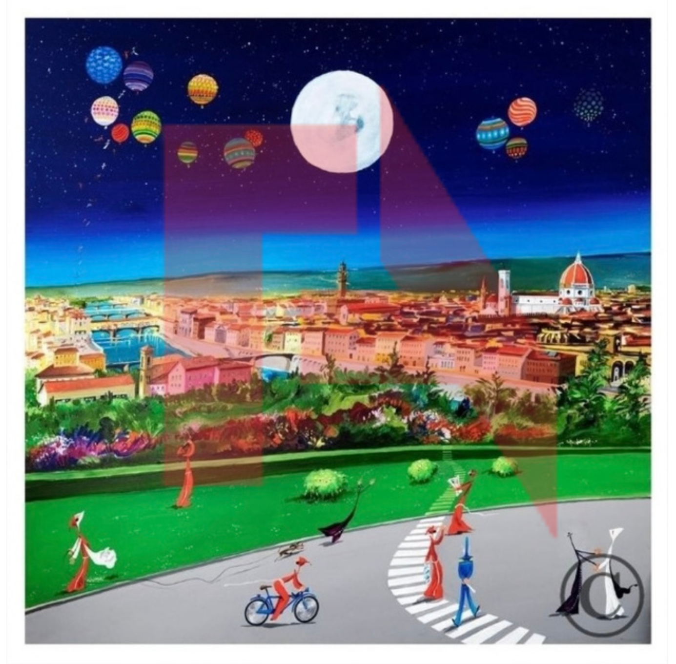 Stylized cityscape under a night sky with a large moon and colorful hot air balloons, with people walking and cycling in the foreground.