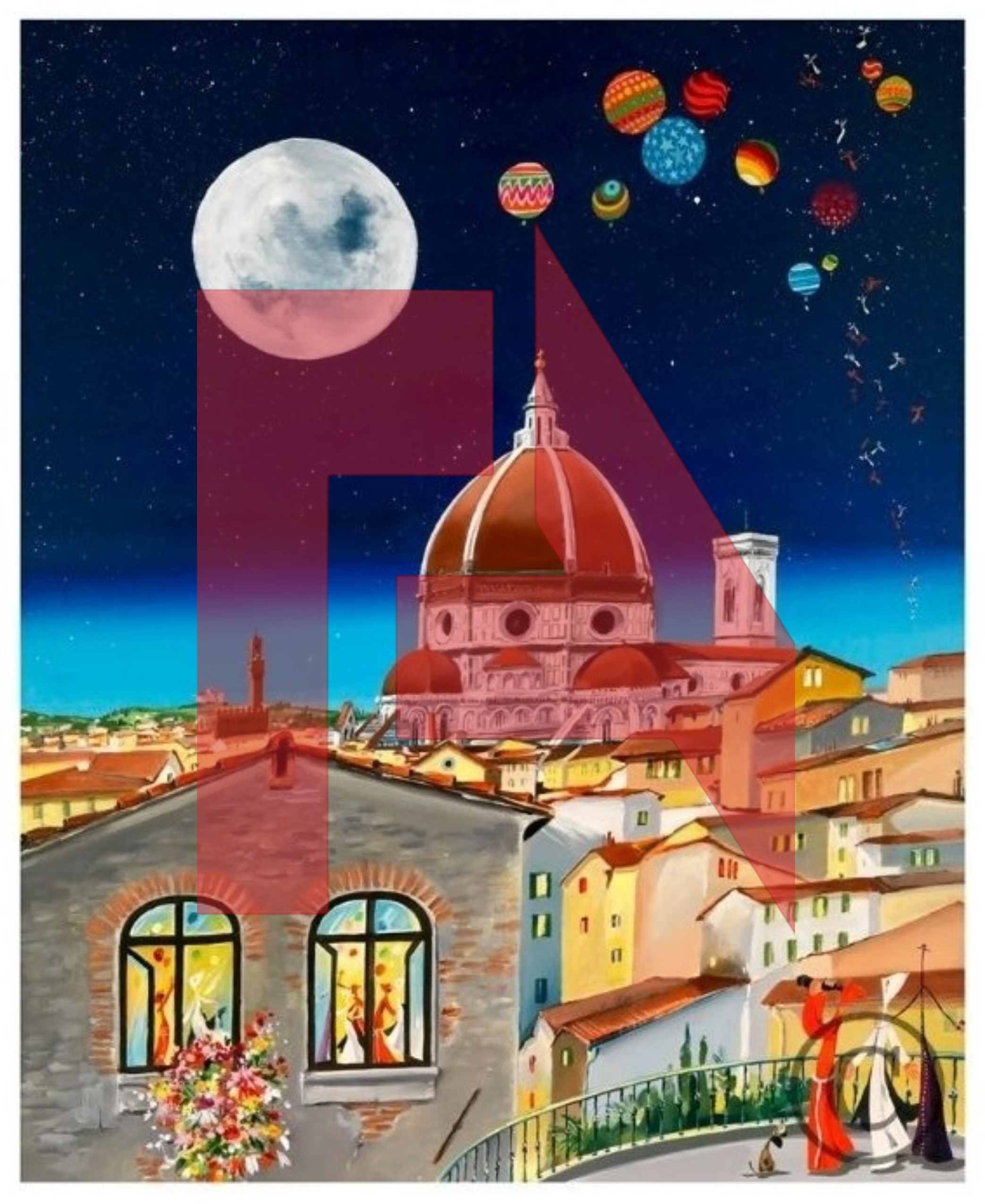 A painted cityscape at night with a large full moon in the sky, colorful planets, and stars, featuring a prominent domed building and windows with curtains.